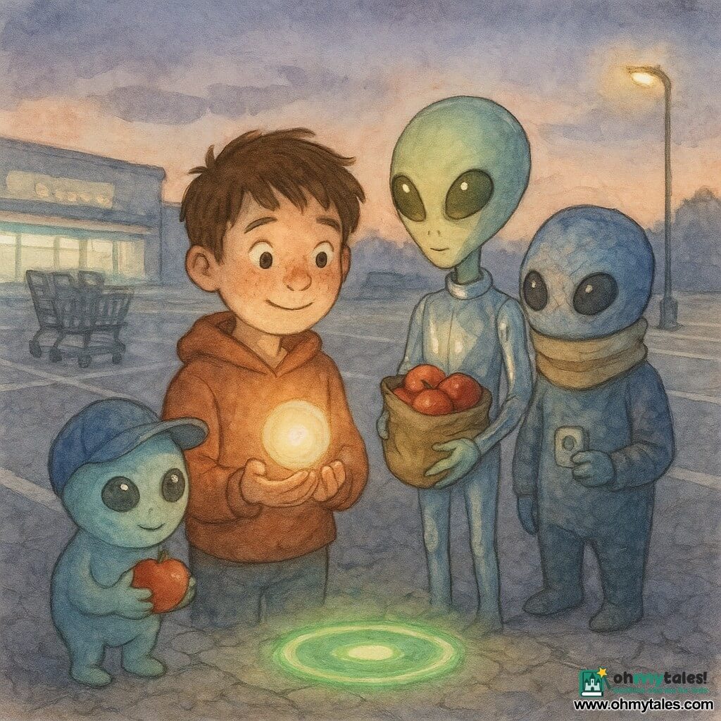 A shy, attentive 10-year-old boy with a round freckled face and messy brown hair gazes in wonder, holding a small glowing orb in his palm and smiling gently in a protective stance; to his right stands Orri, a slim alien in a shiny silver suit with large olive eyes holding a bag of red apples; behind Orri is Pip, stockier, with a high scarf hiding his mouth and iridescent skin, looking at the sky while holding a strip of tech adhesive; to the boy's left is Bloop, small and round in an oversized human cap with curious eyes and chubby hands clutching an apple. They are in a supermarket parking lot at dusk—cracked asphalt, white parking lines, stacked carts, cold neon and a few lit lampposts. A glowing green circular door floats just above the asphalt in front of them, casting soft iridescent light on their faces. Main situation: the boy guides the three small aliens in improvised human clothes toward the green door so they can slip away quietly; the scene is calm and tender with low tension and few passersby.