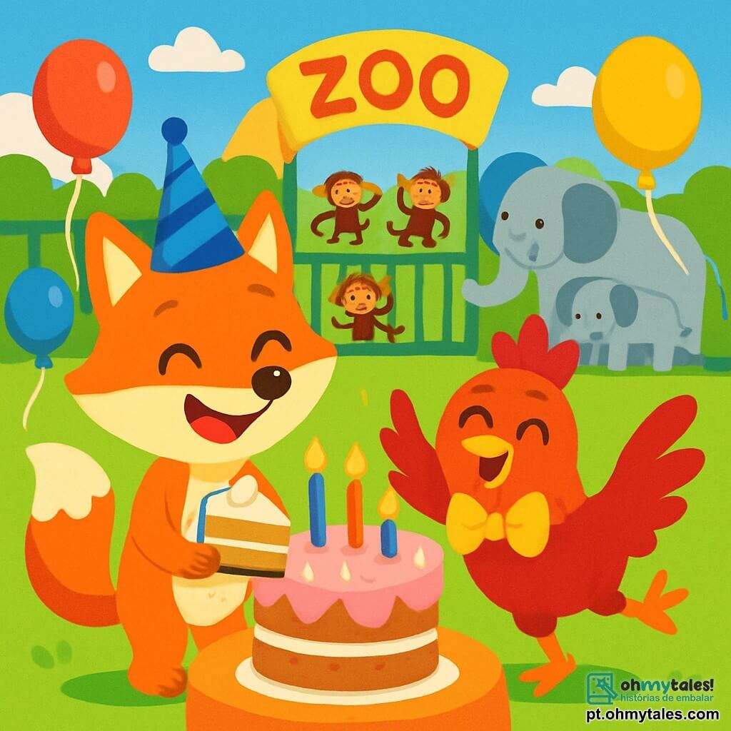 Um pequeno raposinho, com pelagem laranja brilhante e olhos cintilantes de alegria, usa um chapéu azul e sorri amplamente enquanto segura um pedaço de bolo de aniversário. Ao lado dele, um galinho divertido com penas vermelhas e uma grande gravata borboleta dança alegremente, seus olhos brilhando de felicidade. Ao fundo, um zoológico colorido com recintos cheios de macacos travessos e elefantes majestosos, sob um céu azul radiante. A cena mostra Raposinho e o galinho celebrando um aniversário cercados de balões coloridos e risadas, com um grande bolo decorado com velas cintilantes em uma mesa.