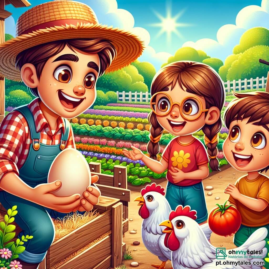 Um jovem chamado Pedro, sorridente e alegre, usa um chapéu de palha e uma camisa xadrez. Ele está mostrando um ovo fresco para as crianças, com olhos brilhantes de entusiasmo. Ao seu lado, uma menina chamada Ana, de cerca de 8 anos, com cabelos castanhos e tranças, observa o ovo com admiração, as mãos nas bochechas. Um menino chamado Lucas, de 9 anos, com óculos e uma camiseta vermelha, se aproxima da plantação, segurando um tomate na mão, curioso e animado. A cena acontece em um encantador galinheiro de madeira, cercado por vegetação luxuriante, com galinhas bicando o chão e flores coloridas ao longo do caminho. Ao fundo, há fileiras de legumes coloridos e um céu azul radiante, iluminado pelo sol. A situação principal mostra Pedro compartilhando sua paixão pela agricultura com as crianças, ensinando a importância de cuidar dos animais e das plantas, enquanto cria um momento de alegria e descoberta.