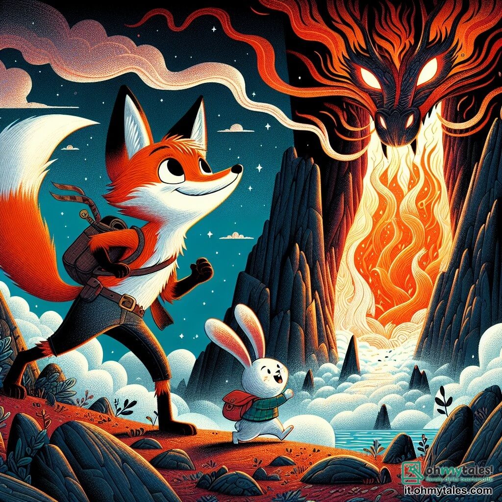 Un giovane volpe di nome Rinaldo, con un pelo arancione brillante e occhi scintillanti come stelle, si trova coraggiosamente davanti a una caverna oscura, con il cuore che batte di eccitazione e determinazione. Accanto a lui, un coniglietto di nome Pino, con grandi orecchie e pelo bianco, salta gioiosamente, mostrando un sorriso incoraggiante, pronto a sostenere il suo amico in questa avventura. La scena si svolge sulla Montagna del Drago, circondata da nuvole misteriose e rocce scoscese, con fiamme danzanti che emanano dalla caverna, creando un'atmosfera inquietante e affascinante. Rinaldo e Pino si preparano a entrare nella caverna per affrontare il temibile drago, simboleggiando il coraggio e l'amicizia di fronte all'ignoto.