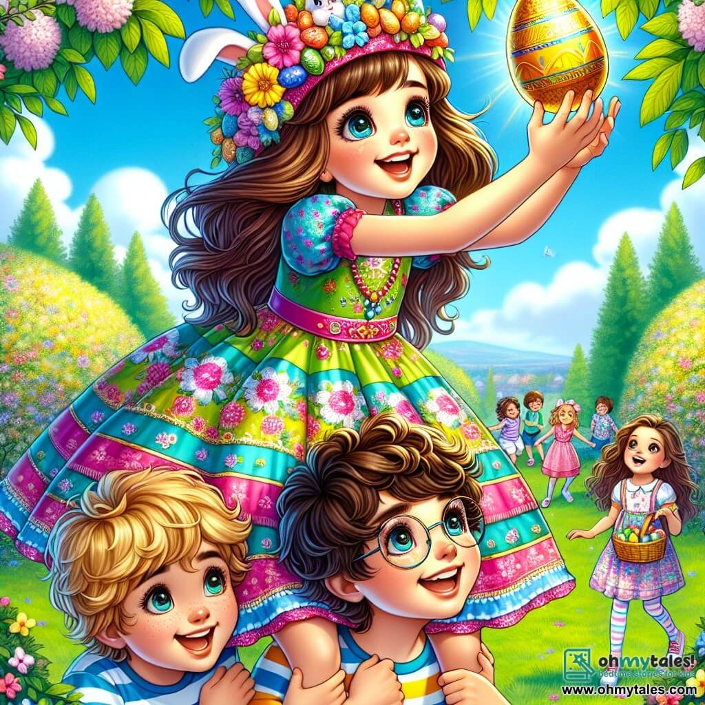 A 12-year-old girl, Emma, with long brown hair and sparkling eyes, stands at the top of a human pyramid formed by her friends. She wears a colorful dress with flower patterns and an Easter hat adorned with bunnies. Her face radiates excitement as she reaches out to grab a golden egg hidden in a bush. Next to her, Jake, an 11-year-old boy with messy blond hair and a striped t-shirt, looks on with admiration, ready to help her reach the egg. Below, Mia, a 12-year-old girl with curly hair and round glasses, smiles while holding a basket full of colorful eggs, encouraging her friends from the ground. The scene takes place in a lush park filled with vibrant flowers and majestic trees under a clear blue sky dotted with fluffy white clouds. Children play and laugh around them, adding to the festive atmosphere. The main focus shows Emma, full of determination and joy, about to grasp the precious golden egg, while her friends cheer her on, creating a moment of unity and adventure in their Easter egg hunt.