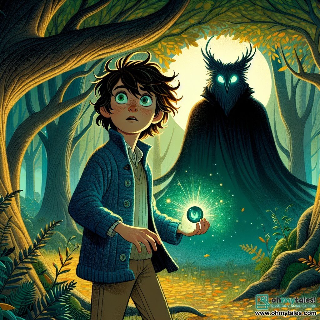 A 9-year-old boy named Oliver stands at the center of the scene, his expressive face reflecting curiosity and courage. He has messy brown hair, sparkling eyes filled with determination, and wears a worn blue sweater and beige pants. In his hands, he holds a magical orb, the Eye of Eldoria, which emits a bright green glow, illuminating his face. Beside him is Seraph, a mysterious creature that is part human, part animal, with eyes glowing like embers and a long black cloak that seems to float around him. Seraph watches Oliver kindly, ready to guide him through his trial. The scene takes place in an enchanted clearing in the heart of Whispering Pines forest, where majestic trees with gnarled trunks form a protective circle. Moonlight filters through the leaves, creating dancing shadows on the ground covered in golden leaves. Oliver prepares to confront the shadows surrounding him, raising the magical orb above his head as dark silhouettes emerge around him, ready to challenge him. The atmosphere is both mysterious and captivating, filled with tension and magic.