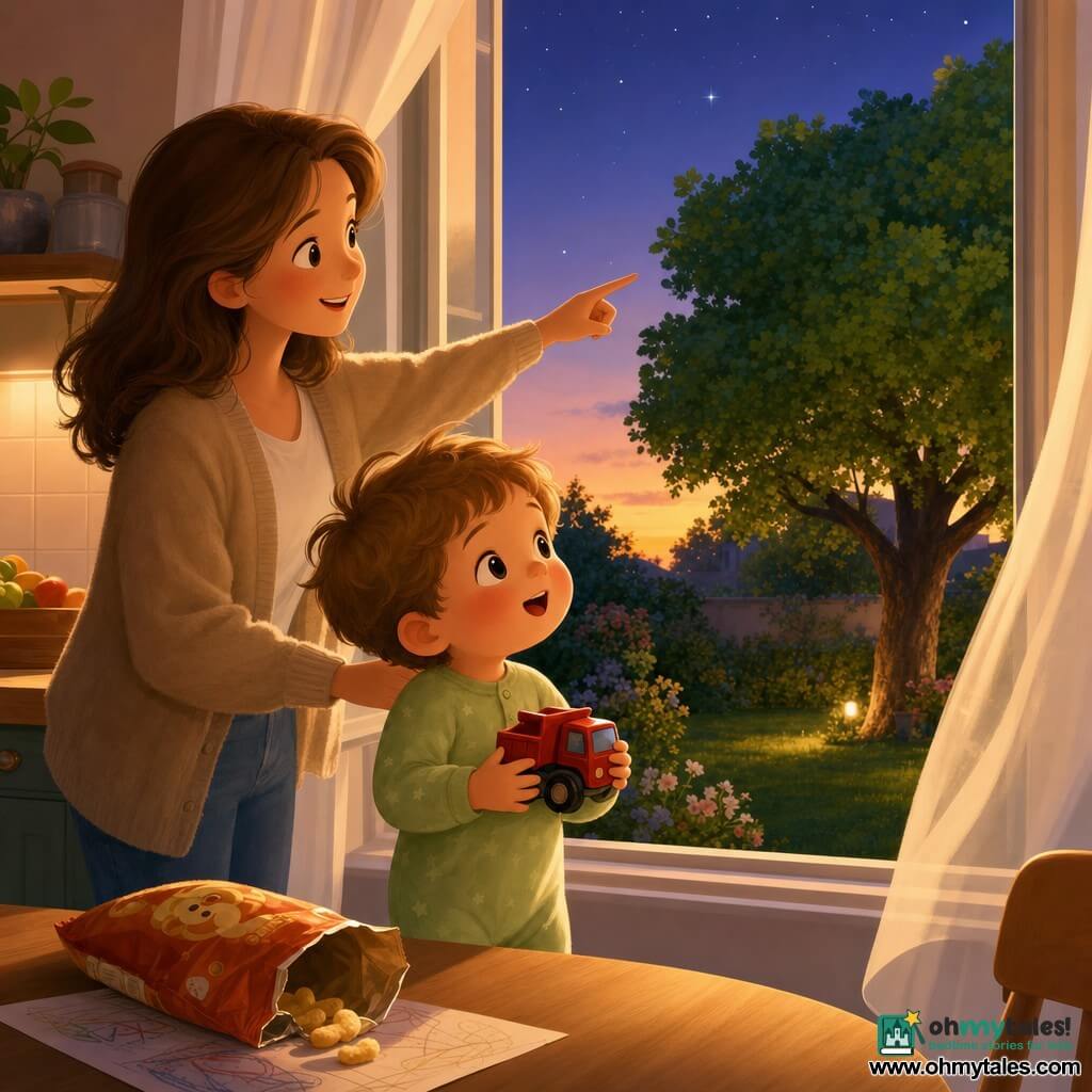 A happy, curious 2-year-old boy with round bright eyes, chubby cheeks and tousled light-brown hair in pistachio-green pajamas clutching a small red plastic truck to his chest; a smiling, gentle mother with loose brown hair stands by an open window, one hand on the frame and the other pointing toward a quiet garden with a large green-leaved tree and lawn, sheer curtains fluttering, evening light in orange and purple with early stars appearing, a slightly open snack bag on the kitchen table with a crumpled paper peeking out; the boy watches the garden in wonder—tender, calm, protective mood with soft textures and warm color contrasts.