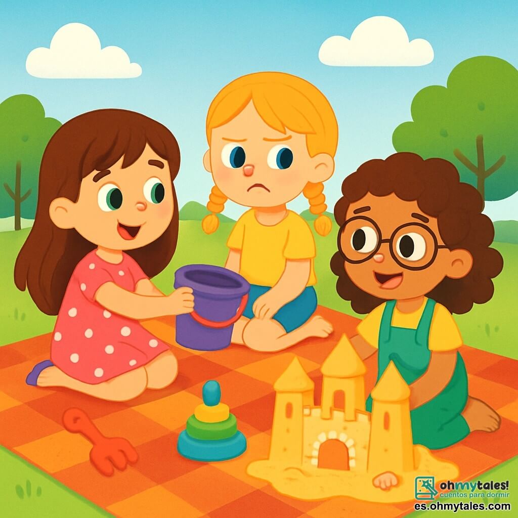 Hay 3 personajes: - Lía: una niña de 6 años, con largos cabellos castaños y ojos brillantes. Lleva un vestido rosa con lunares blancos y sostiene un balde de arena. - Marta: una niña de 6 años, con trenzas rubias y ojos azules. Viste una camiseta amarilla y un short azul, y mira a Lía con un ligero ceño fruncido. - Ana: una niña de 6 años, con cabello rizado castaño y gafas. Lleva un overol verde y está construyendo un castillo de arena con conchas. Las tres niñas están sentadas sobre una gran manta de picnic, rodeadas de juguetes coloridos, en un parque soleado. El cielo es azul con algunas nubes blancas, y árboles verdes bordean el parque. La situación principal muestra a Lía tomando el balde de Marta sin pedirlo, mientras Ana, sonriendo, las anima a compartir. Las niñas están rodeadas de arena dorada, y un hermoso castillo de arena se alza detrás de ellas, con torres y una puerta decorada con conchas.