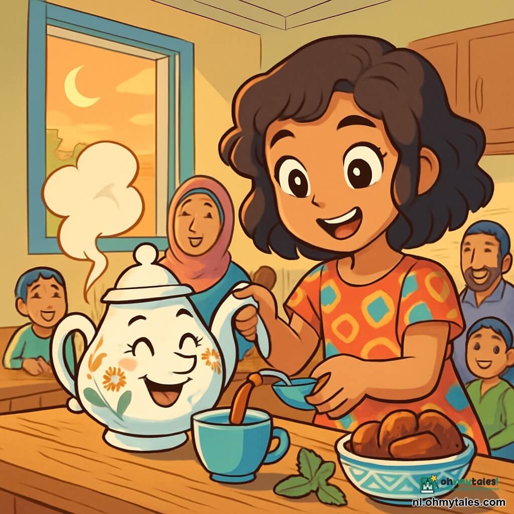 Fariha, een porseleinen theepot met delicate bloemmotieven, staat op een rustieke houten tafel. Ze heeft een blije en warme uitstraling, met stoom die uit haar tuit komt, wat haar opwinding symboliseert. Naast haar staat Farah, een klein meisje met bruin, krullend haar, in een kleurrijke jurk, die met verwondering glimlacht, met stralende ogen van geluk. Ze giet thee uit de theepot in een kopje, vol ongeduld om het moment te delen. De keuken is licht, met pastelgele muren en open ramen die het gouden licht van de ondergang binnenlaten. Geuren van munt en dadels zweven in de lucht, wat een warme en gastvrije sfeer creëert. De belangrijkste situatie toont Fariha en Farah, omringd door hun familie, verzameld rond de tafel, klaar om het vasten van de Ramadan te breken, terwijl ze lachen en verhalen delen, wat een magisch en gezellig moment creëert.