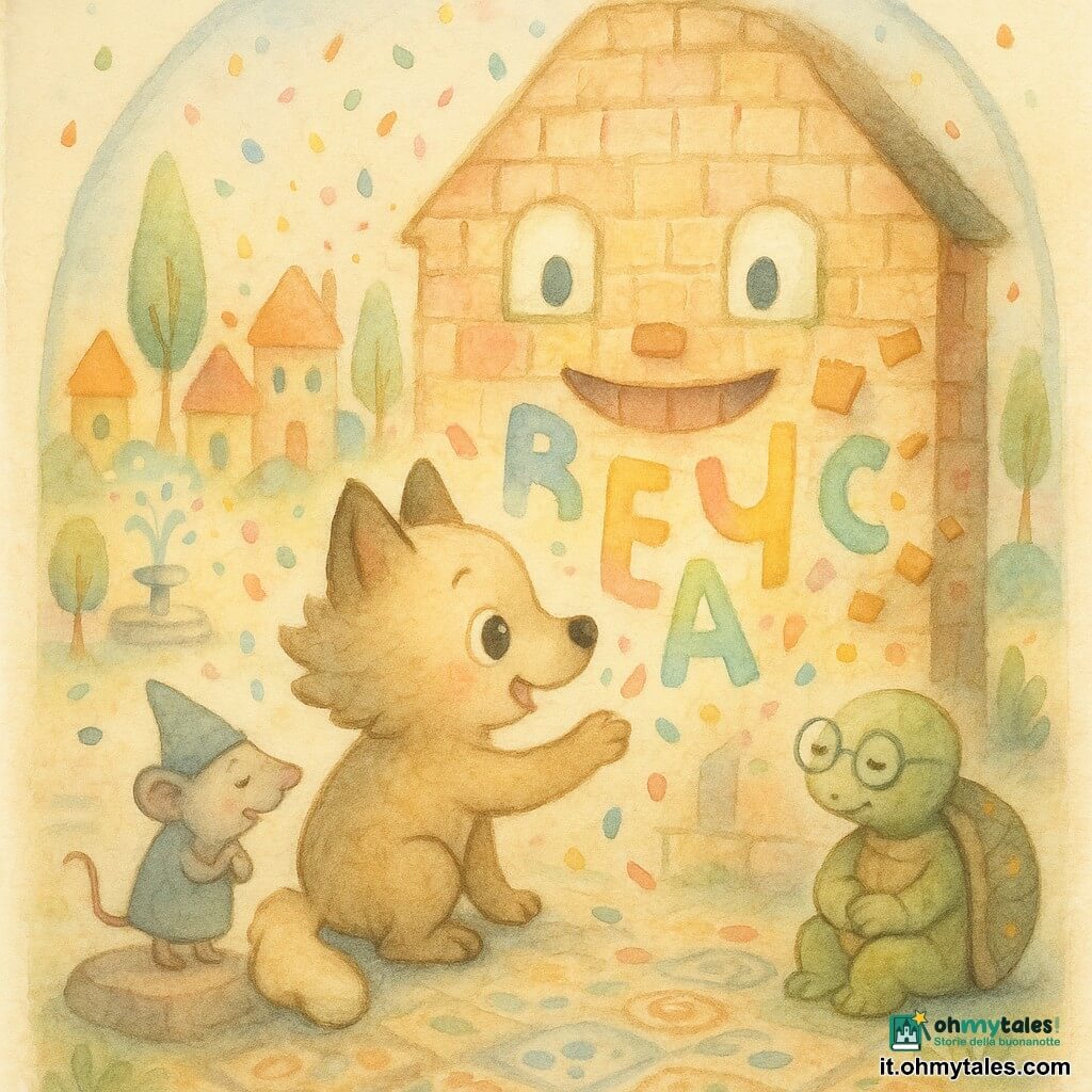 Un piccolo lupo (protagonista) dal pelo morbido come pane, coda a nuvola, occhi tondi e vivaci, accucciato a leggere parole dipinte su un muro colorato mentre tende una zampa per prendere un coriandolo che cade, una piccola topolina col cappello a cono, pelliccia grigia e sorriso timido, sussurra appoggiata a una pietra a sinistra, inclinata verso il muro per ascoltare, una tartaruga con occhiali tondi e guscio decorato di stelline dormicchia a destra vicino al suolo con le zampe raccolte, il muro della piazza è una grande facciata di mattoni pastello con lettere dipinte, occhi di piastrelle brillanti e una bocca di tegole sorridente da cui alcune piastrelle saltellano come popcorn, il villaggio è sotto una grande campana di vetro trasparente con case tonde e colorate, alberi a spazzola, una fontana che soffia bolle e selciato dipinto con motivi allegri, una pioggia lenta di coriandoli cade sotto la campana mentre tutti leggono tranquillamente le frasi del muro in un’atmosfera calma, tenera e giocosa come una lenta danza.