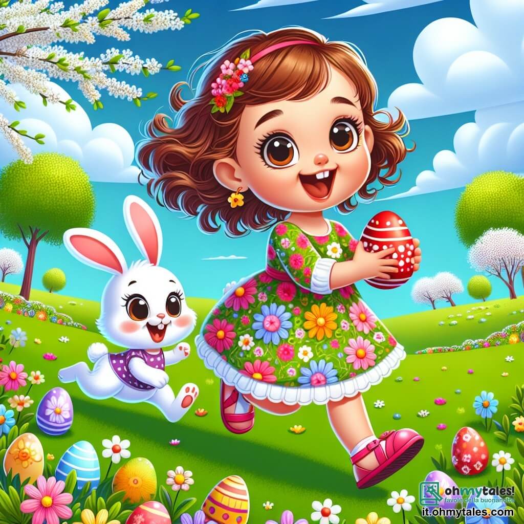 Una bambina di 2 anni, di nome Lilla, con grandi occhi brillanti e capelli ricci castani, ride gioiosamente mentre corre in un campo verde. Indossa un vestito colorato con motivi floreali e sandali rosa. Accanto a lei, un coniglietto dalle grandi orecchie e pelo bianco salta entusiasta, condividendo la sua felicità mentre cerca uova di Pasqua. Il luogo è un magnifico campo primaverile, punteggiato di fiori multicolori, con un cielo blu chiaro e alcune nuvole soffici. Gli alberi in fiore circondano il campo, aggiungendo un tocco di magia all'ambiente. La scena principale mostra Lilla e il coniglietto intenti a cercare le uova, inseguendo un uovo rosso che rotola allegramente su una collina, mentre uova colorate sono sparse attorno a loro, creando un'atmosfera vivace e gioiosa.