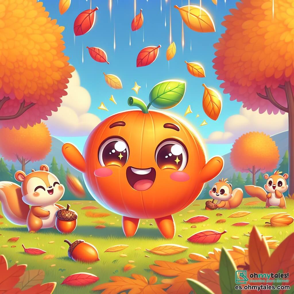 Un pequeño personaje redondo y sonriente, de color naranja brillante, con ojos chispeantes y un pequeño tallo verde, se encuentra alegremente en medio de un campo de otoño, rodeado de hojas coloridas que caen suavemente. Parece emocionado y curioso, levantando los brazos al aire como si quisiera atrapar las hojas. Cerca, un grupo de pequeñas ardillas de ojos traviesos y pelaje marrón claro se afanan en recoger bellotas, moviendo sus pequeñas patas ágiles con entusiasmo. Están juguetonas y ríen juntas, creando una atmósfera de camaradería. El decorado es un campo vibrante de colores otoñales, con árboles de hojas doradas, rojas y naranjas, y un cielo azul claro salpicado de nubes blancas esponjosas. El suelo está cubierto de hojas crujientes, añadiendo una textura cálida a la escena. La situación principal muestra al personaje principal, todo alegre, bailando y jugando con las hojas que caen, mientras las ardillas lo observan y lo animan a divertirse con ellas, capturando el espíritu alegre y festivo del otoño.