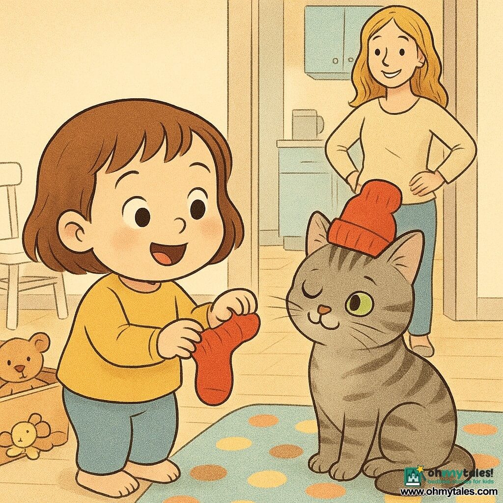A playful 2-year-old girl with short brown hair and a delighted round face holds a small red sock and looks at a gray tabby cat with a sock on its paw like a hat, sitting on a small polka-dot rug near a white wooden chair in a light-wood floored kitchen-childroom; a smiling blonde woman in her 30s stands by the kitchen door with hands on hips in the background, a toy box with stuffed animals nearby; soft morning light, pastel colors, rounded contours, calm warm atmosphere as the girl offers the sock toward the mother while the cat blinks peacefully.