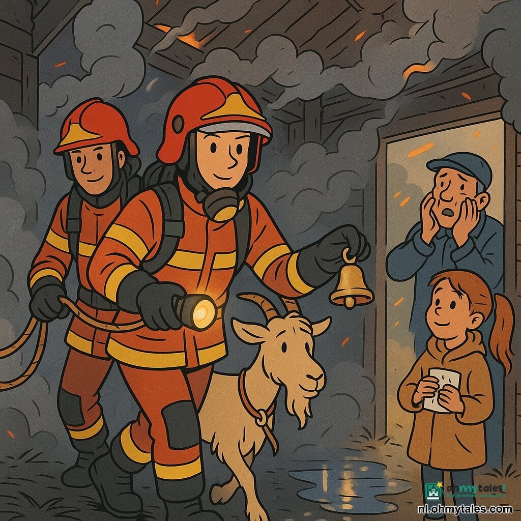 Een vrouwelijke brandweervrouw (volwassene) met geconcentreerd rustig gezicht en vastberaden ogen, rood-gele pak, helm met omhoog geklapte vizier en deels opzetbaar ademhalingsmasker; ze houdt in de ene hand een zaklamp en in de andere zacht een klein metalen belletje om dieren uit de rook te leiden. Een mannelijke brandweerman (Bram) met licht ondeugende maar serieuze trekken, helm en handschoenen, houdt een touwlijn en helpt een geit richting uitgang, net achter de vrouw klaar om zacht te trekken. Een boer (Kees, ~50) met gerimpeld gezicht en diepe werkpet staat buiten bij de ingang, handen aan zijn wangen, opgelucht en ontroerd kijkend naar de dieren die naar buiten komen. Een meisje (Lina, ~12) met lange paardenstaart en te grote jas staat op afstand bewonderend, een klein opgevouwen tekeningetje tegen haar borst. Een ramachtige geit (Kapitein) met licht haar en zichtbare horens staat voor de brandweervrouw aan de lijn, aarzelend maar aandachtig naar het belletje. Binnen in een brandende schuur: verkoolde houten wanden, grijze rooksluiers, gele lichtstralen door daksporen, donkere stro op de vloer, oranje vonken en glinsterend water op de grond. Scène: reddingsactie in de rokende schuur — de brandweervrouw leidt de geiten rustig met een bel en gebaren, de brandweerman helpt met het touw, boer en meisje kijken buiten; gespannen maar hoopvolle sfeer, warme kleuren (oranje, rood) gemengd met grijsblauwe rooktinten, duidelijke lijnen en leesbare gezichten voor een jong publiek.