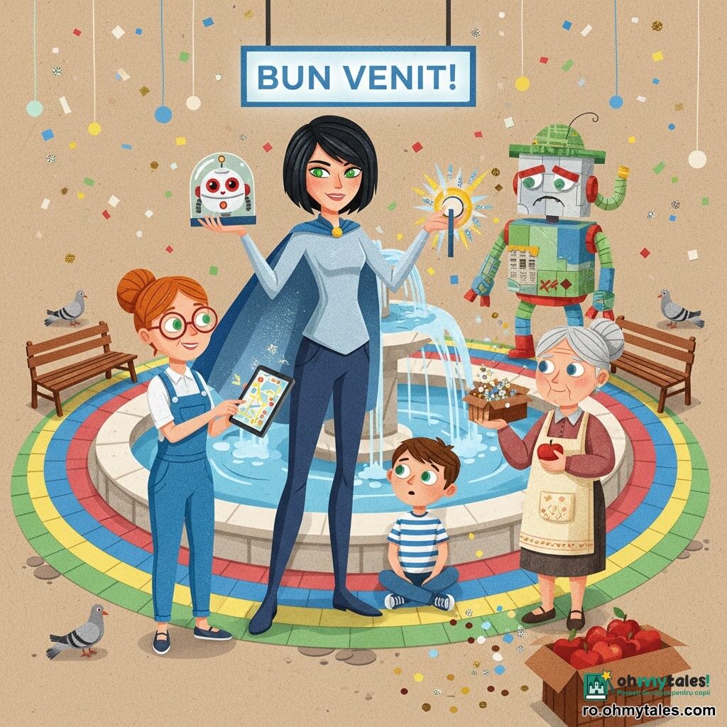 O femeie eroină, Nova, ~25 ani, înaltă și zveltă, păr negru în coadă de cometă, pelerină albastru-argintie, privire verde hotărâtă dar blândă, ține o capsulă transparentă cu un robot rotund cu ochi roșii și un stabilizator luminos; în stânga ei stă o ingineră, Nera, ~40 ani, păr roșcat în coc, ochelari rotunzi, salopetă albastră, zâmbet calm, arătând o tabletă cu o hartă luminoasă; o bătrână vânzătoare, doamna Marga, ~60 ani, păr gri, șorț, ține un măr roșu și o privește binevoitoare; un băiat de 8 ani, păr castaniu scurt, tricou în dungi, stă la marginea fântânii privind uimit luminițele; în spate, ușor dreapta, un mare robot stângaci, Vortexul Verde, construit din piese recuperate, cu pălărie verde înclinată și țeavă pliată, pare rușinat și lasă pe jos o cutie cu scântei; locul: Piața Curcubeu cu fântână centrală, pavele colorate în cercuri concentrice, un panou luminos „BUN VENIT!”, bănci de lemn, porumbei stilizați și confetti luminoase; scena arată o confruntare pașnică: Nova a oprit ţeava care aspira scânteile, luminițele revin la sol, atmosfera e luminoasă și reparatoare, culori vii și texturi de colaj, compoziție clară, prietenoasă pentru copii.