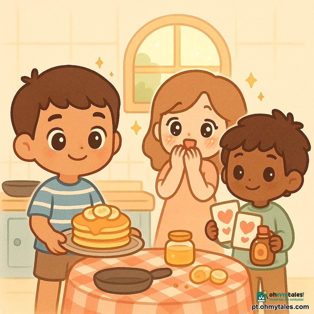 Três personagens: Tomás, menino de 10 anos, cabelos castanhos curtos, camiseta às riscas azul e branca, olhos grandes expressivos, segura num tabuleiro panquecas douradas com rodelas de banana, à esquerda; Dinis, menino de 10 anos, cabelos castanho-claros despenteados, sweat verde-claro, sorriso tímido, segura duas cartas feitas à mão com corações e uma lata de xarope, à direita; mãe de ~36 anos, cabelo ondulado médio, vestido pastel simples, mãos na boca em surpresa emocionada, ao centro-direita junto à mesa. Cozinha luminosa e acolhedora com bancada de madeira clara, armário azul pastel, janela aberta com luz dourada da manhã, pequena mesa redonda com toalha aos quadrados vermelhos e brancos, frigideira preta, pote de mel, migalhas e banana em rodelas. Situação: os dois meninos oferecem um pequeno-almoço improvisado e cartas à mãe; cena centrada, ternura, cores pastel e detalhes kawaii como olhos brilhantes em amêndoa e pequenas faíscas ao redor dos rostos.