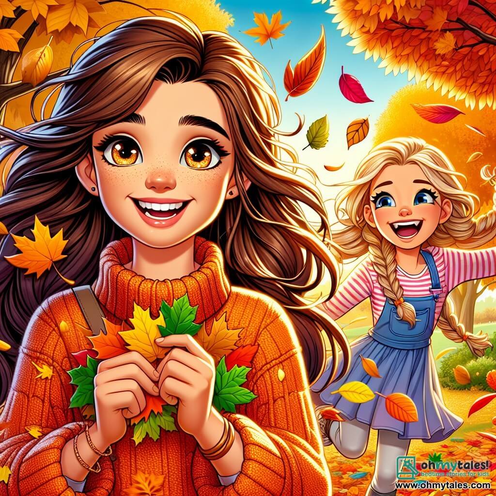 A 10-year-old girl named Lily, with long brown hair and sparkling eyes, is wearing a cozy orange sweater. She smiles in wonder, holding a beautiful golden leaf in her hands. Next to her, her best friend Mia, also 10, has blonde hair in braids and is joyfully laughing as she jumps into a pile of colorful leaves. The setting is a vibrant autumn park, with majestic trees displaying golden, red, and orange leaves, creating a colorful carpet on the ground. The sky is a clear blue, and the sun is gently shining, illuminating the scene. Lily and Mia are discovering beautiful leaves, surrounded by laughter and joy, while a light breeze makes the leaves dance around them, adding a touch of magic to their autumn adventure.