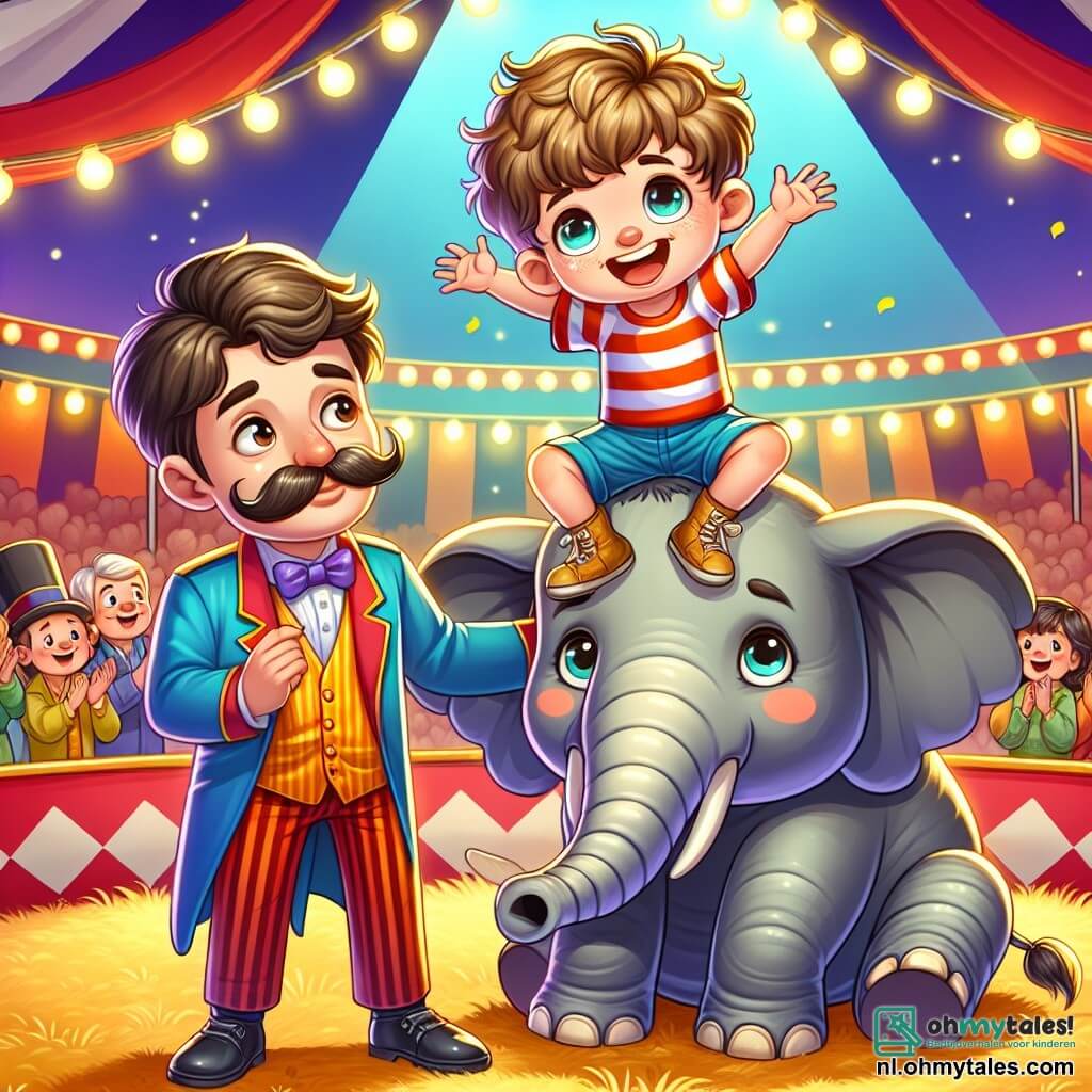 Een kleine jongen van 4 jaar, Tommie, met rommelig kastanjebruin haar en stralende ogen van blijdschap, zit op de rug van een grote grijze olifant genaamd Ollie. Tommie draagt een rood gestreept t-shirt en een blauwe short, en hij glimlacht verwonderd, zijn armen in de lucht stekend als een echte circusartiest. Naast hen staat een man van ongeveer 30 jaar, circustrainer meneer Koen, met een grote snor en een hoge hoed, die Tommie met een vriendelijke glimlach aankijkt. Hij draagt een kleurrijke jas en een zwarte broek, en staat dicht bij Ollie, klaar om de kleine jongen te begeleiden. De scène speelt zich af onder een groot circusdoek, vol felle lichten en kleurrijke banner. De grond is bedekt met gouden stro, en verwonderde toeschouwers staan eromheen, applaudisserend en glimlachend. Tommie, op de rug van Ollie, maakt een rondje, zich als een echte circusheld voelend, terwijl het publiek hem aanmoedigt met vreugdekreten en applaus.