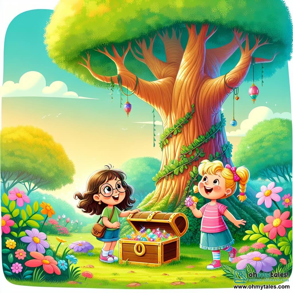 Lily, a 7-year-old girl with long brown hair and round glasses, stands on the left, smiling while holding a colorful treasure map. On the right, Mia, a 6-year-old girl with braided blonde hair and a pink t-shirt, gazes in awe at a large gnarled tree. The setting is a sunny park filled with greenery, featuring a clear blue sky and colorful flowers. In the center stands a majestic tree with wide-spreading branches that creates a welcoming shade. The two little adventurers discover a treasure chest hidden under leaves, their eyes shining with surprise and excitement, ready to open the chest and reveal the colorful stones inside.