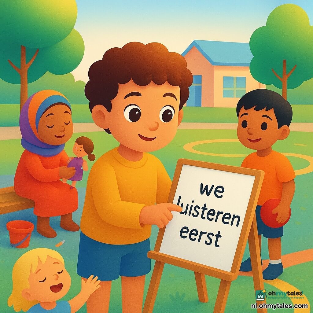 Een 4-jarige jongen, Luuk, donkerbruin krullend haar en grote hazelnootkleurige ogen, glimlachend maar geconcentreerd, reikt naar een klein witbord en schrijft de regel; hij draagt een mosterdgeel truitje en een blauwe short. Links van Luuk op een bankje zit een 5-jarig meisje met een kleurige hoofddoek, donkere huid en bedekt haar, ze draait zachtjes en toont een klein popje. Rechts van Luuk staat Amir, ongeveer 6, olijfkleurige huid en kort zwart haar, hij houdt een rode bal en lacht. Een blond 4-jarig meisje met een lichte huid zit vooraan in het gras en zingt met opgestoken armen. Schoolplein in de zon met gekleurde cirkels en lijnen op het asfalt, zandbak met schep en emmer, groene bomen en een klein pastelkleurig schoolgebouw op de achtergrond. Op het bord in grote ronde letters staat "we luisteren eerst" geschreven met zwarte viltstift. Warme uitnodigende sfeer, felle kleuren, diverse kinderen die elkaar aankijken en luisteren; compositie gecentreerd op Luuk, groep in een halve cirkel, zacht namiddaglicht en lange schaduwen.
