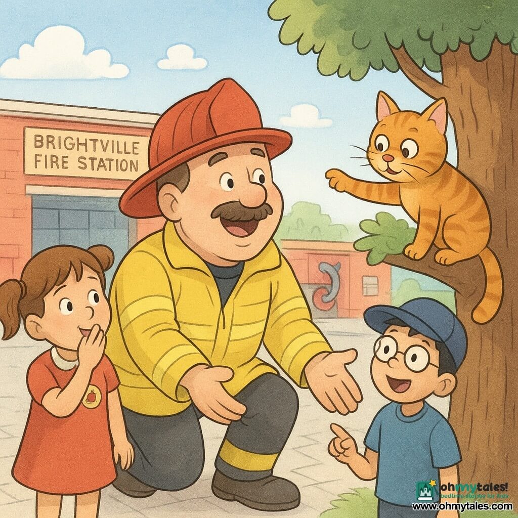 A warm smiling firefighter in his fifties with a short mustache and a red helmet set to the side, wearing a partially open yellow reflective jacket, crouches at the base of a large oak singing enthusiastically with outstretched hands toward a ginger mid‑haired cat named Mr. Whiskers perched on a low branch reaching a paw down; to his left stands Lily, about 7, brown pigtails, red dress with a "Junior Firefighter" badge, hand to her mouth in wonder; behind her Sam, about 8, blond hair, blue T‑shirt, applauding excitedly; to the right Ben, about 8, black hair, round glasses and a cap, pointing at the cat; scene set in front of a bright red fire station with light paved ground, shiny hoses and a "Brightville Fire Station" sign, blue morning sky, soft light; warm, comic, centered composition in a soft cartoon style with rounded lines, saturated pastel palette, light shadows and paper texture, safe welcoming mood.