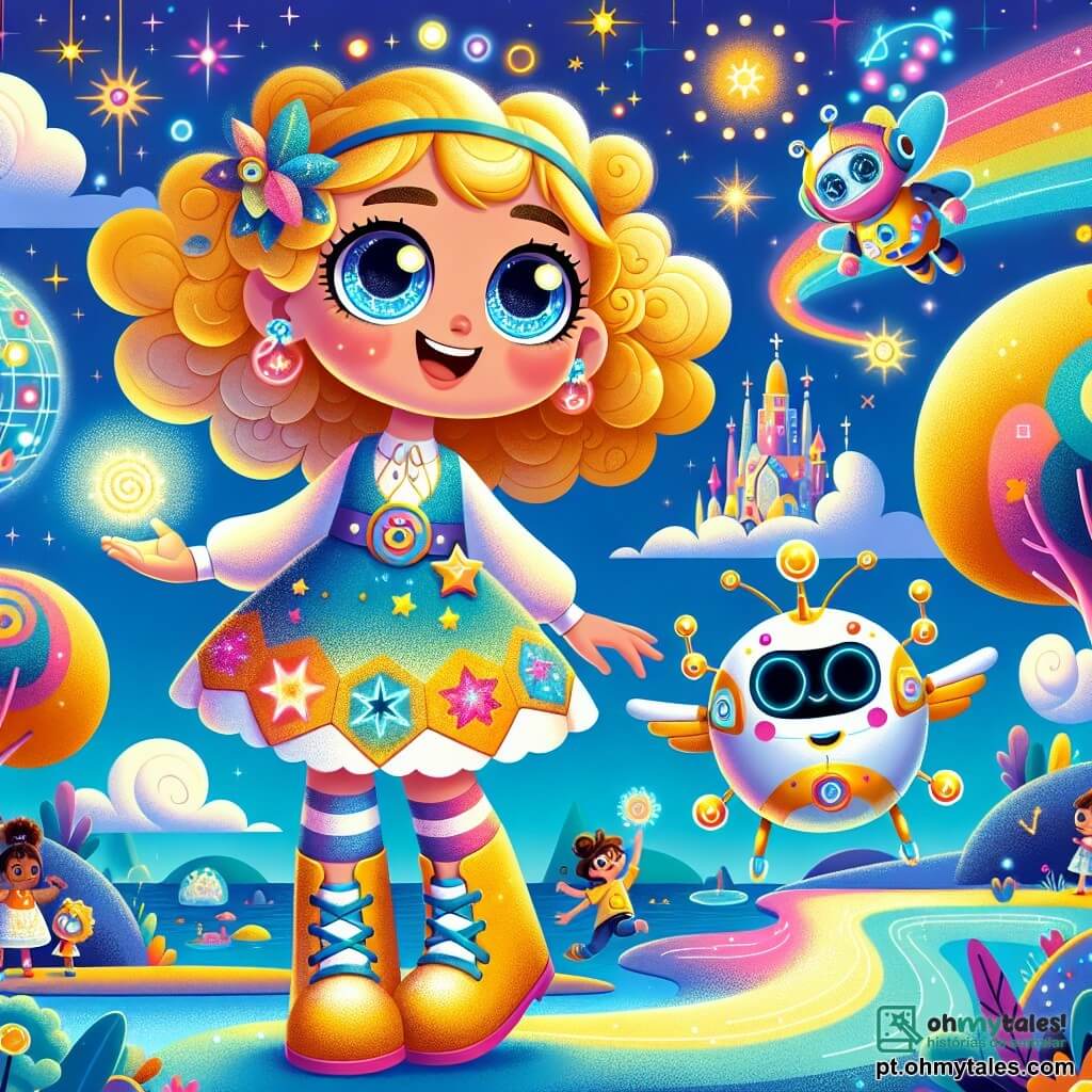 Clara, uma menina de 8 anos com cabelos cacheados e dourados, olhos curiosos e um sorriso maravilhado, está de pé segurando seu tablet mágico que brilha com uma luz suave. Ela usa um vestido colorido com padrões de estrelas e planetas, e suas botas são cintilantes. Ao seu lado, Robôzinho, um pequeno robô voador colorido, flutua alegremente, fazendo piruetas ao redor de Clara. O cenário é o Reino das Inovações Antigas, um mundo fantástico onde árvores falantes e rios que cantam melodias encantadoras existem. Clara e Robôzinho estão descobrindo uma faílle mágica perdida, cercados por crianças felizes que brincam com um jogo de tabuleiro flutuante. Clara está animada para usar seu tablet mágico para resolver um mistério, enquanto um pequeno dragão de bolso as observa, esperando ajuda para encontrar sua faílle.