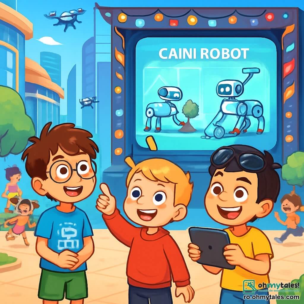 Există 3 personaje: - Edan: un băiat de 8 ani, cu părul castaniu în dezordine și ochelari rotunzi. Poartă un tricou albastru cu un robot imprimat și o pereche de pantaloni scurți verzi. Se află în stânga, cu ochii strălucind de entuziasm. - Petru: un băiat de 8 ani, cu părul blond și pielea deschisă. Poartă un hanorac roșu și o pereche de pantaloni negri. Este în centru, zâmbind și arătând spre cer, nerăbdător să vadă roboții. - Darius: un băiat de 8 ani, cu părul negru și ochelari de soare pe frunte. Poartă un tricou galben și blugi. Este în dreapta, ținând o tabletă și filmând scena cu un zâmbet larg. Acțiunea are loc în piața centrală a unui oraș futurist, înconjurată de clădiri cu fațade strălucitoare, grădini suspendate și copaci luminoși. Drone zboară deasupra, iar o scenă mare este amplasată în centru, decorată cu lumini colorate și bannere fluturânde. Ecranele holografice afișează imagini cu roboți-câini. Cei trei prieteni, uimiți, așteaptă cu nerăbdare demonstrația roboților-câini care vor planta copaci și vor colecta deșeuri, în timp ce copiii râd și aleargă în jurul lor, creând o atmosferă veselă și animată.