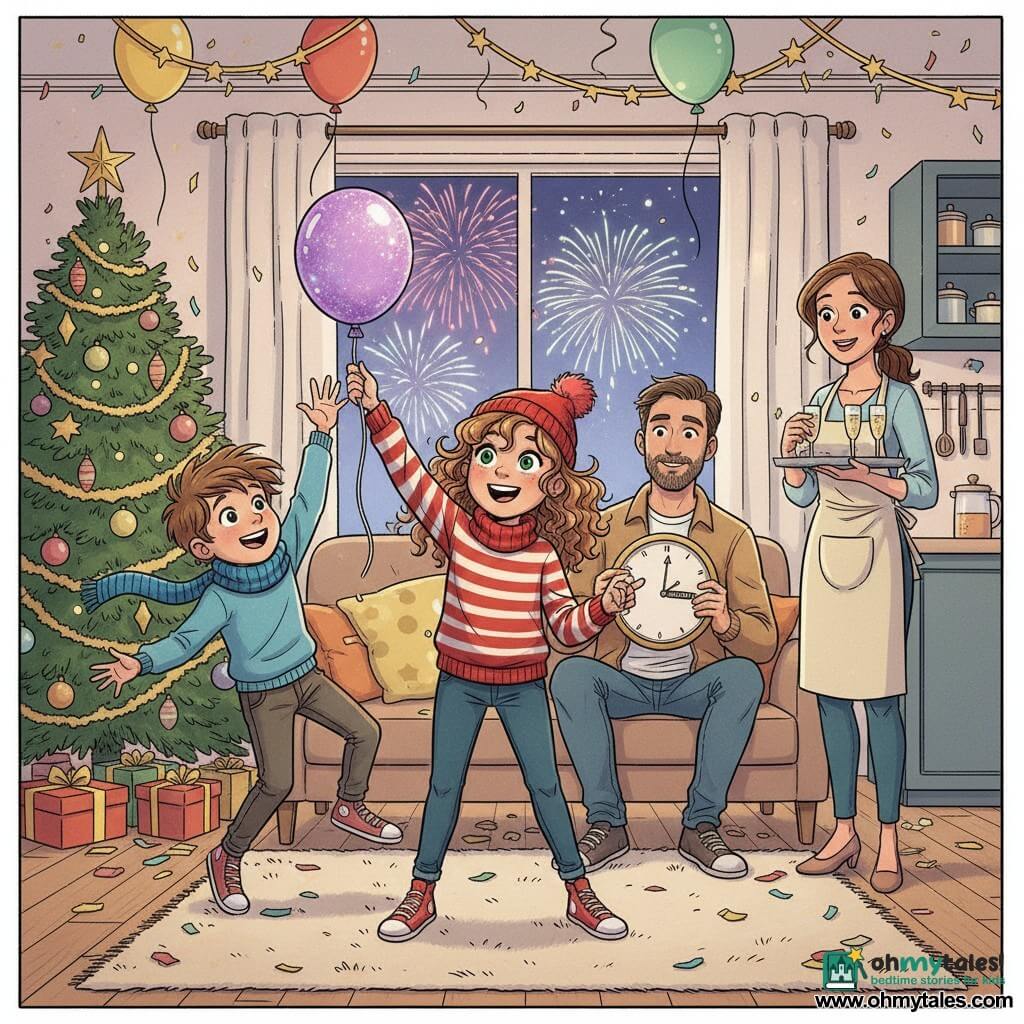 A festive New Year’s Eve living room scene centered on a delighted 10-year-old girl with light brown curly hair and bright green eyes wearing a red pompom hat and striped sweater, proudly holding a purple glitter balloon while a laughing, tousle-haired 9-year-old boy in a bulky blue scarf jumps to catch it at her left; their smiling mother in a light apron brings sparkling drinks from the kitchen on the right and their bearded father in a casual jacket sits on the sofa behind them checking a clock or phone; warm, decorated room with gold garlands, multicolored balloons, a decorated Christmas tree at left, confetti on the floor and blurred fireworks outside the large window; festive, joyful countdown atmosphere, clear lines, vivid saturated colors, soft shading and exaggerated readable facial expressions, composition centered on the girl and the balloon.