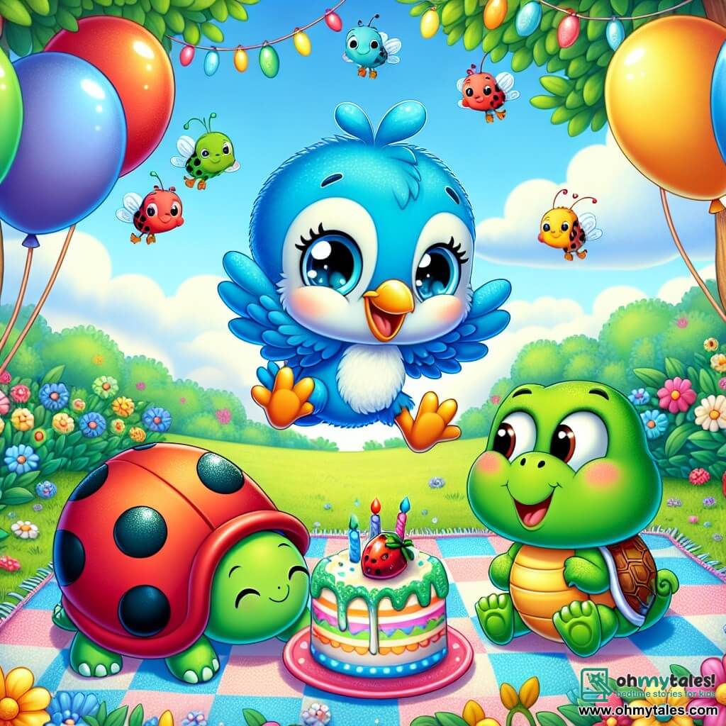 Benny, a little blue bird with bright feathers and sparkling eyes, is joyfully hopping at the center of a colorful picnic blanket, surrounded by floating multicolored balloons. To his right, Lucy, a red ladybug with shiny black spots, is happily flying in circles, her face beaming with excitement. To his left, Timmy, a green turtle with a shell adorned with colorful patterns, smiles while holding a piece of cake in his little paws, sitting quietly on the blanket. Freddy, a green frog with round mischievous eyes, is joyfully hopping near the blanket, ready to play, his wide smile showing his enthusiasm. The scene takes place in a sunny garden filled with vibrant flowers and large trees with lush green leaves, under a blue sky dotted with fluffy white clouds. In the background, a pond sparkles in the sunlight, adding a touch of magic to the setting. The main situation shows Benny and his friends celebrating his birthday, surrounded by colorful balloons, treats, and laughter, creating a festive and joyful atmosphere full of surprises and friendship.