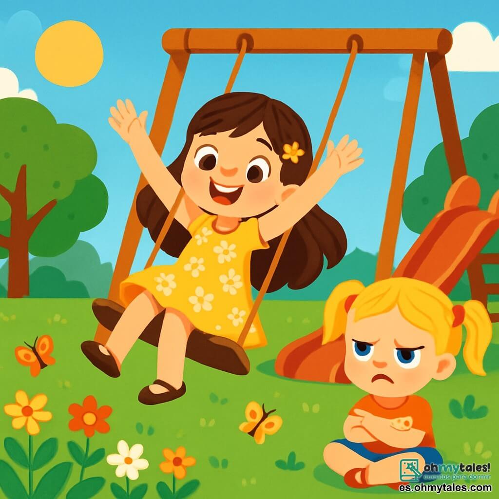 Hay 2 personajes principales: Ana, una niña de 5 años con cabello largo castaño y ojos brillantes, que lleva un vestido amarillo con flores y se balancea alegremente en un columpio con los brazos levantados hacia el cielo; y Marta, una niña de 5 años con cabello rubio en coletas y ojos azules, que está sentada en la hierba con las piernas cruzadas y una expresión de frustración en el rostro, con los brazos cruzados. La escena se desarrolla en un parque soleado, lleno de flores coloridas, grandes árboles verdes y un cielo azul brillante, con mariposas revoloteando alrededor de las flores y un tobogán rojo brillante junto a los columpios. Ana se divierte en el columpio mientras Marta expresa su descontento, mientras sus mamás las observan con cariño, creando un ambiente cálido y amistoso.
