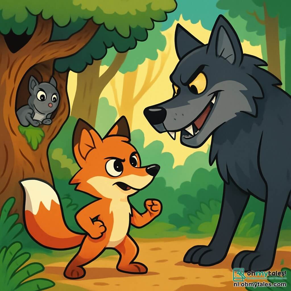 In het midden van de afbeelding staat een jonge, slimme vos genaamd Felix, met een heldere oranje vacht en vastberaden, sprankelende ogen. Hij staat op zijn achterpoten en kijkt moedig naar de grote, boze wolf. De wolf, imposant en dreigend, heeft een donkere grijze vacht, doordringende ogen en een sluwe glimlach, en staat recht voor Felix, klaar om hem uit te dagen. Achter Felix bevindt zich een oude, kromme boomschors, bedekt met mos, waar een wijze grijze eekhoorn de scène met een bezorgde maar bemoedigende blik observeert. Ze zit op een lage tak, haar kleine pootjes stevig vast, klaar om in te grijpen indien nodig. De omgeving is een dicht bos met majestueuze bomen en dikke stammen die naar de lucht reiken, terwijl hun groene bladeren het zonlicht filteren in zachte gouden stralen. De grond is bedekt met dode bladeren en weelderige varens, wat een mysterieuze en magische sfeer creëert. De centrale situatie toont Felix, de vos, die de wolf dapper uitdaagt, terwijl de wolf zich met een uitdagende blik voorbereidt om Felix' intelligentie op de proef te stellen. De lucht is gespannen en het avontuur staat op het punt te beginnen.