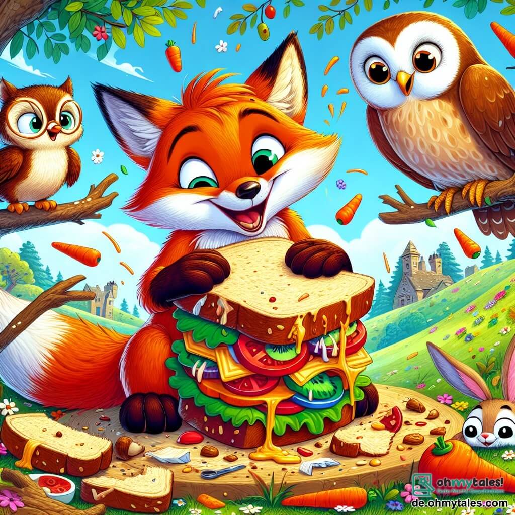 Ein schelmischer Fuchs namens Felix, mit leuchtend orangefarbenem Fell und schelmischen Augen, steht im Mittelpunkt des Bildes, lacht fröhlich und hält ein riesiges, buntes Sandwich, das auseinanderfällt. Neben ihm sitzt eine weise Eule namens Ella, mit braunen Federn und runden Brillen, die mit einem amüsierten Lächeln auf einem Ast sitzt. Ein kleiner Hase namens Harry, mit großen weißen Ohren, sammelt Karotten, die auf dem Boden verstreut sind, und lacht über die Situation. Die Szenerie ist ein hübsches, grünes Dorf mit bunten Blumen, majestätischen Bäumen und einem sonnigen blauen Himmel. Die Szene zeigt den Moment, in dem der Wind weht und das Sandwich fallen lässt, was ein fröhliches Durcheinander um sie herum schafft und die Luft mit Lachen und guter Laune füllt.