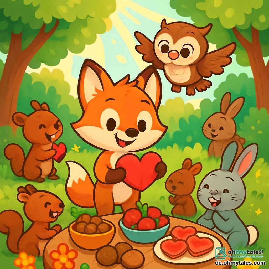 Ein kleiner roter Fuchs namens Felix mit glänzendem Fell und neugierigen Augen steht in der Mitte einer sonnigen Lichtung und lächelt fröhlich, während er ein buntes Papierherz hält. Neben ihm schwebt seine beste Freundin, eine kleine Eule namens Emma, mit weichen Federn und großen runden Augen, stolz und ermutigend lächelnd über ihm. Die Lichtung ist von grünen Bäumen mit leuchtenden Blättern umgeben, gespickt mit bunten Blumen und Sonnenstrahlen, die durch die Äste filtern und eine warme, festliche Atmosphäre schaffen. Am Boden ist ein großer Tisch mit köstlichen Speisen gedeckt: Früchte, Nüsse und herzförmige Kuchen, während andere Tiere des Waldes, wie Eichhörnchen und Kaninchen, fröhlich mit den Vorbereitungen für das Valentinstagsfest beschäftigt sind. Die Hauptsituation zeigt Felix und Emma, umgeben von ihren Freunden, die die Freude der Freundschaft bei einem großen Valentinstagsfest feiern, wo alle Lachen und Geschenke teilen und den Geist von Kameradschaft und Glück illustrieren.