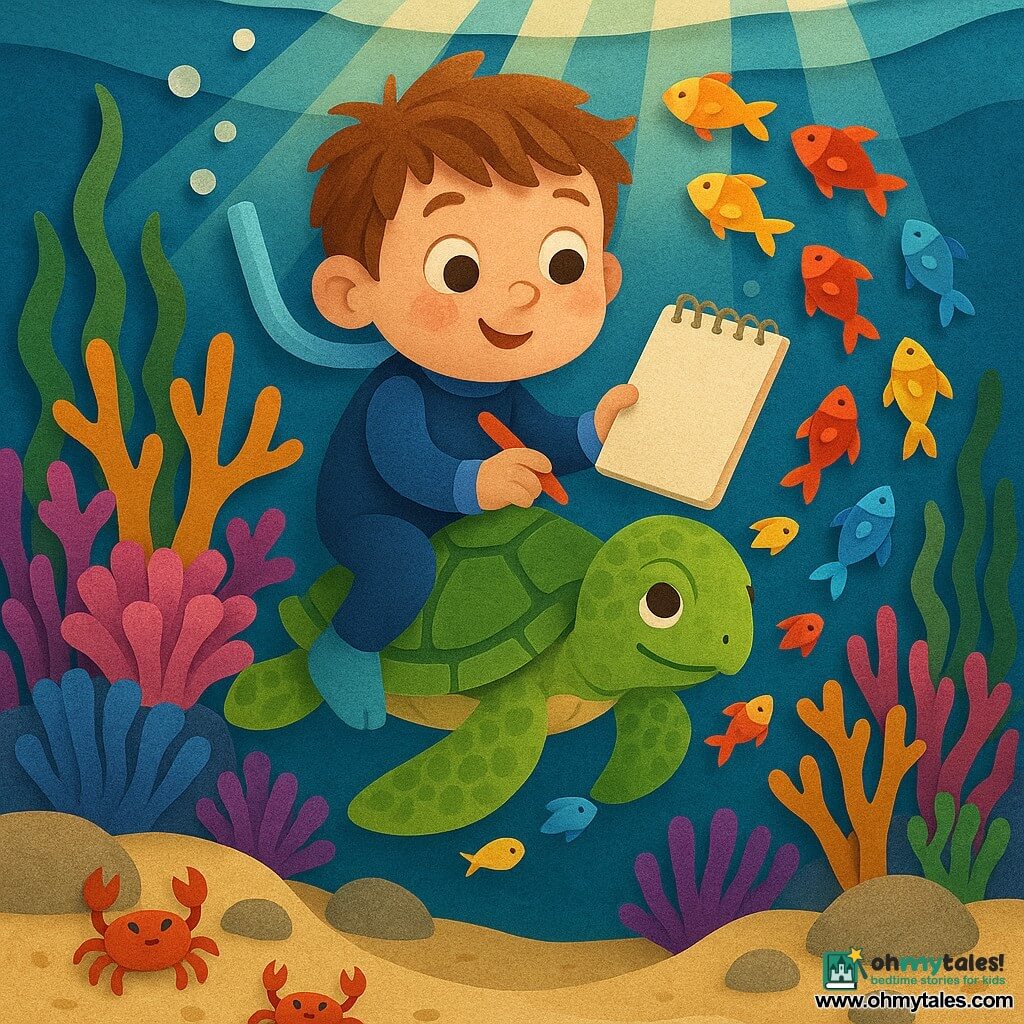 A 4-year-old boy with a round face and messy brown hair, wide amazed eyes and a slight smile wears a small blue wetsuit and floats near a rock holding a dry sketchbook above the water, while a green sea turtle with a textured shell and gentle eyes swims just below and to his right as if supporting him; several small yellow, red and blue fish spiral around him with pointed fins and bright spots, tiny crabs with red claws hide on the light beige sand among rounded stones in the foreground, and a vibrant coral forest of orange finger-like branches, magenta clusters, purple anemones and waving green seaweed—layered like cut paper—fills the scene as broad golden sunrays pierce the surface, casting flat shadows and sparkling reflections on the sand and sketchbook, showing the boy focused and brave, drawing from his rock in a lush, peaceful coral garden.