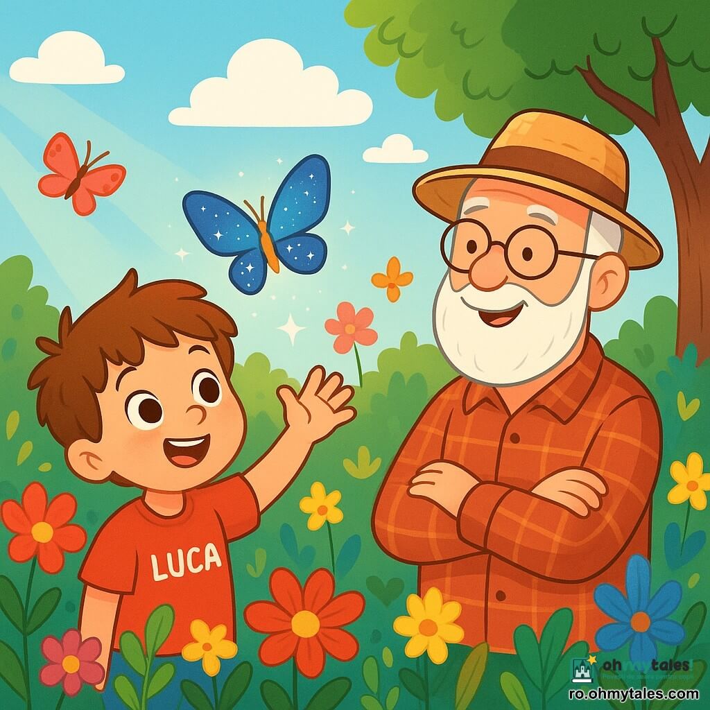 Un băiețel de 4 ani, pe nume Luca, cu părul castaniu și ochii mari strălucind de curiozitate, stă în mijlocul unei grădini pline de flori strălucitoare. Zâmbește cu uimire, obrașii îi sunt roșii de emoție, în timp ce observă o flutură magică cu aripi strălucitoare, ca niște bucăți de cer înstelat. Aproape de el, bunicul său, un bărbat în vârstă cu barbă albă și ochelari rotunzi, zâmbește, admirând momentul. Poartă o cămașă cu carouri și o pălărie de paie, părea fericit să împărtășească acest secret cu nepotul său. Scena are loc într-o grădină magnifică, plină de flori colorate, cu fluturi zburând în jur și un cer albastru cu nori pufoși. Razele soarelui filtrează printre frunzele copacilor, creând umbre dansante pe pământ. Luca, uimit, întinde mâna spre flutura magic, în timp ce bunicul îl observă cu blândețe. Este un moment de descoperire și magie, unde secretul fluturelui devine o frumoasă aventură împărtășită între un băiețel și bunicul său.