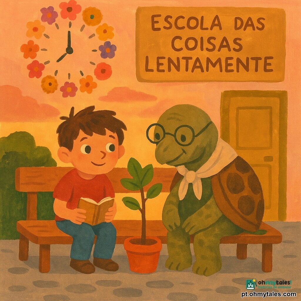 Um menino de 6 anos, Hugo, rosto redondo, cabelo castanho bagunçado, olhos grandes e curiosos, sorriso suave, sentado num banco de madeira com as mãos sobre um caderninho de bordas gastas; ao seu lado, uma tartaruga diretora idosa de carapaça manchada castanho e verde, óculos redondos de arame e um pequeno xale, olhando com benevolência e a cabeça inclinada; atrás deles, um relógio feito de flores coloridas cujas pétalas são mini-relógios, algumas meio fechadas; entre Hugo e a tartaruga, um pequeno figueiro em vaso com uma folha começando a abrir que Hugo observa ternamente; cena numa pequena praça de pedras cinzentas com bancos de madeira polida e uma porta mostarda com a placa "École des Choses Lentes"; luz de pôr-do-sol em tons quentes de laranja e rosa, sombras longas, textura como pinceladas de guache, atmosfera calma e afetuosa de lentidão e esperança.