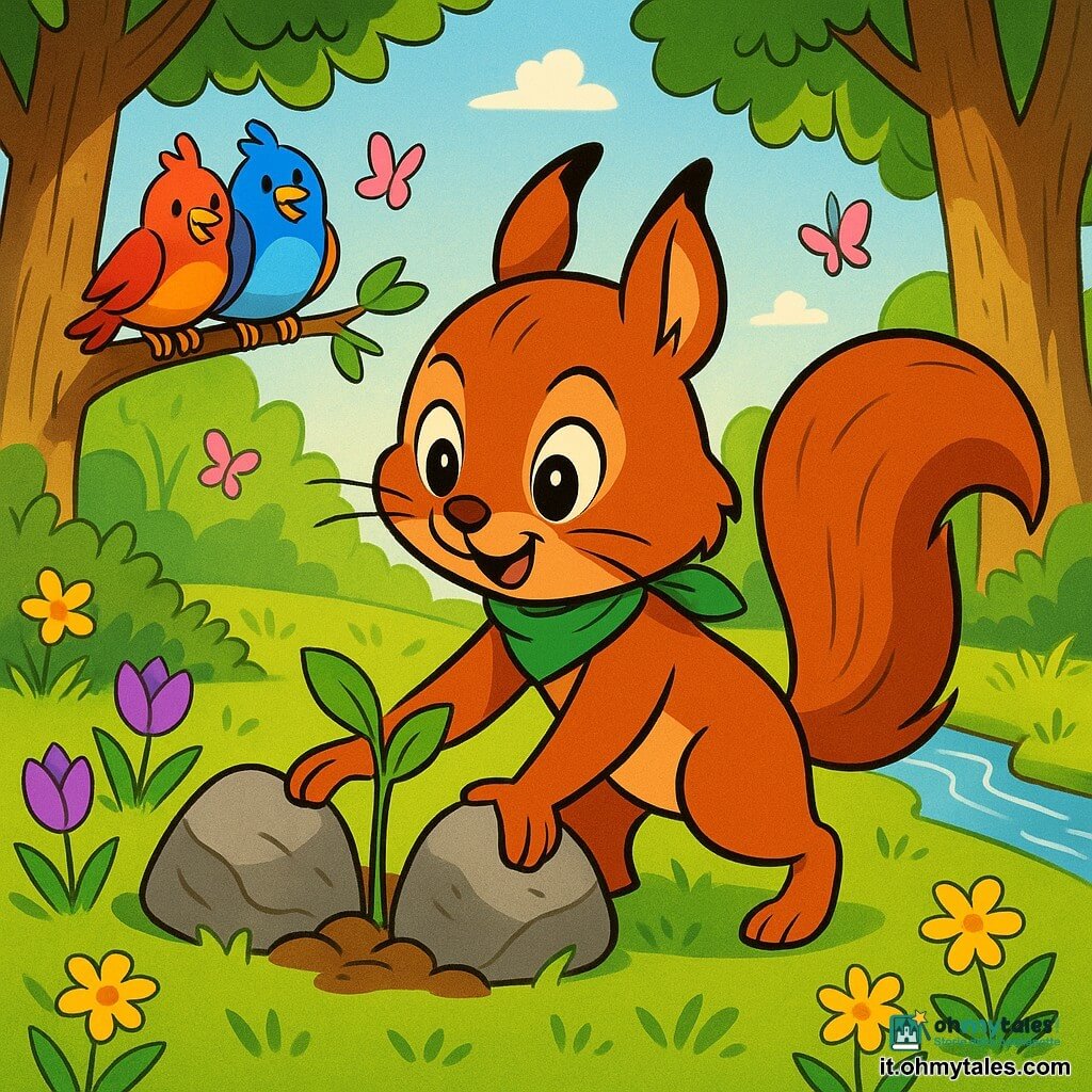 Un piccolo scoiattolo rosso (protagonista) dagli occhi tondi e baffi sottili, sorriso concentrato, con una sciarpetta verde che solleva due pietre per liberare una giovane piantina fragile dal fogliame verde chiaro, al centro della radura davanti a lui; tre uccellini colorati (rosso, blu, giallo) su un ramo a sinistra osservano e cantano; sullo sfondo una radura primaverile soleggiata con erba verde, fiori lilla e gialli, farfalline rosa e azzurre, un ruscello a destra e alberi a tronco texturato; scena calda e ottimista, luce dorata mattutina, colori vivaci, stile cartoon anni ’90, composizione centrata, primo piano medio.