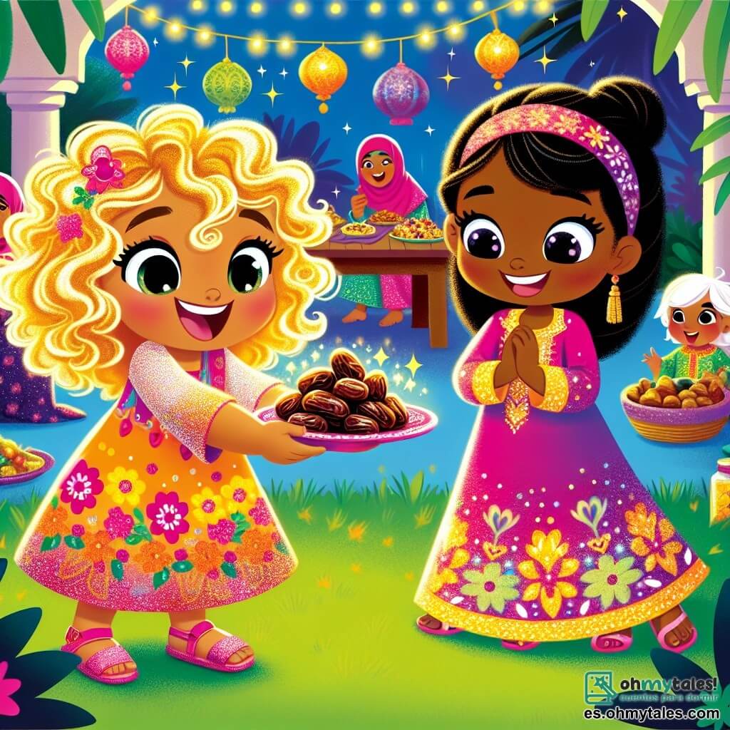 Una niña de 4 años, Luna, con rizos dorados, sonríe maravillada mientras sostiene un dátil en su mano. Lleva un vestido colorido con patrones florales y sandalias rosas. A su lado, Amina, una niña de 5 años con cabello negro liso y un vestido tradicional de colores vivos, ríe alegremente mostrando un plato de dátiles a Luna. La escena tiene lugar en el jardín de una casa decorada con linternas de colores y guirnaldas luminosas, donde familias se reúnen alrededor de mesas llenas de deliciosos platillos. Luna y Amina comparten dátiles con otros niños, creando una atmósfera de alegría y magia, donde estrellas doradas parecen brillar a su alrededor, simbolizando la felicidad de compartir.