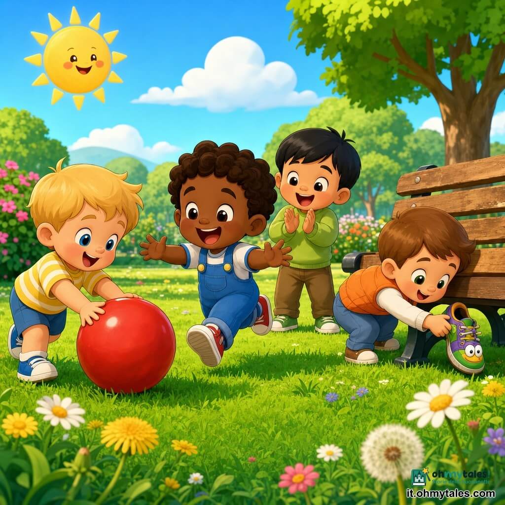 Ci sono quattro bambini: Leo, circa 2 anni, capelli biondi corti, guance tonde, maglietta gialla a righe bianche, a sinistra mentre spinge con il palmo una grande palla rossa; Nino, circa 2 anni, capelli castani ricci, salopette blu, al centro davanti che corre a braccia aperte verso la palla; Timo, circa 2 anni, capelli neri lisci, maglione verde chiaro, leggermente dietro a destra che batte le mani ridendo; Piero, circa 2 anni, capelli castano chiaro, gilet arancione, accovacciato vicino a una panchina di legno a destra mentre tira fuori una scarpa buffa da sotto la panchina. Luogo: parco soleggiato con grande prato verde, panchina di legno marrone consumata a destra, qualche fiore (dente di leone, margherite) e cielo azzurro pallido con sole stilizzato sorridente. Situazione principale: la palla rossa rotola verso la panchina; tre bambini corrono e ridono e il quarto trova la scarpa; scena gioiosa, colori vivaci ed espressioni accentuate, composizione chiara per i più piccoli.