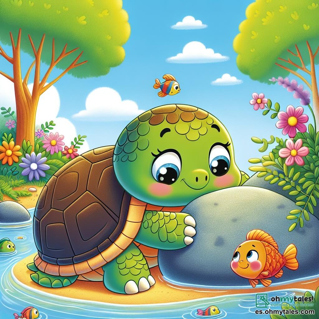 Una tortuga llamada Tula, con un caparazón brillante como el sol y ojos llenos de curiosidad, empuja con determinación una gran piedra para liberar a un pequeño pez llamado Pipo, que nada alegremente a su lado. Pipo, un pez con escamas brillantes y aletas coloridas, mira a Tula con admiración, listo para animarla. La escena tiene lugar cerca de un arroyo cristalino, rodeado de flores multicolores y grandes árboles de hojas verdes, bajo un cielo azul brillante. Tula, concentrada y valiente, usa toda su fuerza para mover la piedra, mientras Pipo, impaciente y agradecido, espera con esperanza recuperar su libertad.
