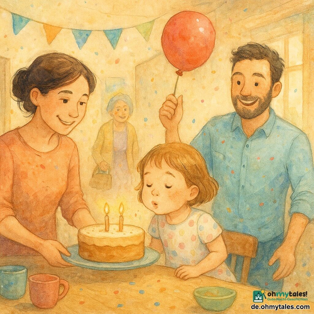 Ein zweijähriges, fröhliches Mädchen mit runden Wangen und kurzen hellbraunen Haaren in einem pastellgepunkteten Kleid pustet zwei Kerzen auf einem Kuchen; die lächelnde Mutter (≈30, braune zusammengebundene Haare) hält das Kuchenbrett neben ihr, der Vater (≈32, leichter Bart) schwingt spielerisch einen roten Ballon hinter dem Tisch, die Großmutter (≈60) kommt mit einer kleinen Tasche lächelnd durch die Tür im Hintergrund; die warme Küche hat einen großen hellen Holztisch, buntes Geschirr, Papiergirlanden und goldenes Fensterlicht; Hauptszene: die Familie umgibt das Mädchen mit zärtlichen Blicken, Konfetti und einem hüpfenden Ballon; visueller Stil: sanfte Aquarellfarben, Pastelltöne, leichte Konturen, sichtbare Papiertextur und kontrollierte Sprenkel.