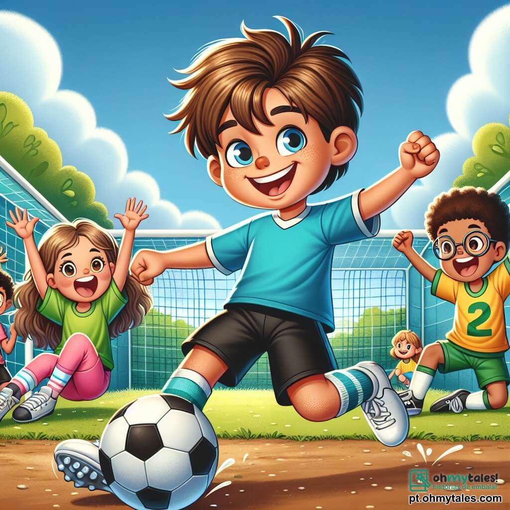 Um jovem, Lúcio, com cerca de 12 anos, está no centro da imagem, com cabelo castanho bagunçado e um grande sorriso de alegria e determinação. Ele veste uma camisa de futebol azul, um short preto e tênis brancos, segurando uma bola de futebol debaixo do braço, pronto para driblar. À sua direita, Clara, uma menina de 11 anos com cabelos longos e cacheados, usa uma camiseta amarela e shorts rosas, com os olhos brilhando de excitação enquanto o incentiva levantando os braços. À sua esquerda, João, um garoto de 12 anos com óculos e cabelo curto, pula de alegria, vestido com uma camisa verde, demonstrando seu entusiasmo pelo jogo. A cena acontece em um pequeno campo de futebol de terra batida, cercado por vegetação, com árvores ao fundo e um céu azul com nuvens brancas. Crianças estão sentadas nos lados, aplaudindo e incentivando Lúcio. Ele se prepara para chutar ao gol, concentrado e cheio de energia, enquanto a bola parece flutuar diante dele, capturando o momento mágico de um sonho se realizando.
