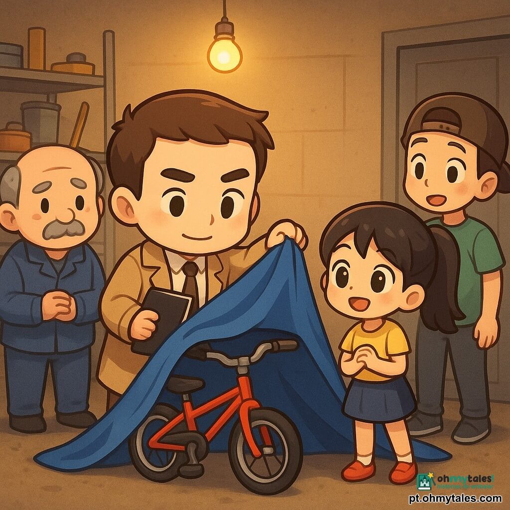 Um detetive de ~35 anos, cabelo castanho curto, sobretudo bege claro e caderno preto na mão, com expressão concentrada e gentil, levanta uma grande lona azul para revelar uma pequena bicicleta vermelha; à direita, Lila, cerca de 9 anos, cabelo preto em rabo de cavalo, capacete rosa na mão, olhos brilhantes e sorriso aliviado, dá um passo à frente; à esquerda, Arnaldo, homem de ~60 anos, rosto arredondado e bigode grisalho, veste de trabalho azul e aparência envergonhada, está em segundo plano com as mãos juntas; atrás de Lila, Caio, ~12 anos, boné virado e camiseta verde, observa envergonhado mas aliviado; cenário: pequeno depósito no térreo com prateleiras metálicas, chão de concreto empoeirado e porta metálica rangente, luz quente pendente; momento de descoberta alegre da bicicleta sob a lona, atmosfera de resolução e amizade em estilo chibi kawaii, cores vivas e contornos suaves.