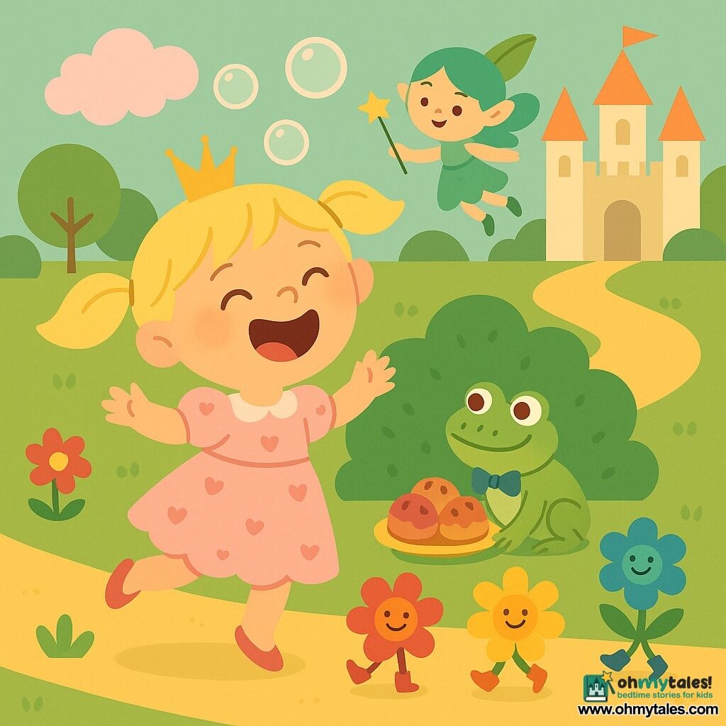A joyful princess girl with blond pigtails, a light pink dress with small hearts and a tiny shining gold crown stands on tiptoe laughing at bubbles; a tiny girl fairy with green hair, a leaf hat and a mint dress floats at her shoulder waving a wand that makes a pink puff cloud; the pink cloud blows round translucent bubbles that fall toward the princess; a male toad with a blue bow tie sits by a bush pushing a small gold plate of berry buns; colorful flowers with bright petals wear little boots and dance in a circle with smiling faces; the castle garden is bright with tender green grass, a yellow paved path, rounded trees and a small pastel palace in the distance — a playful scene of bubbles, laughter, dancing flowers and a shared snack, with flat colors and rounded shapes.