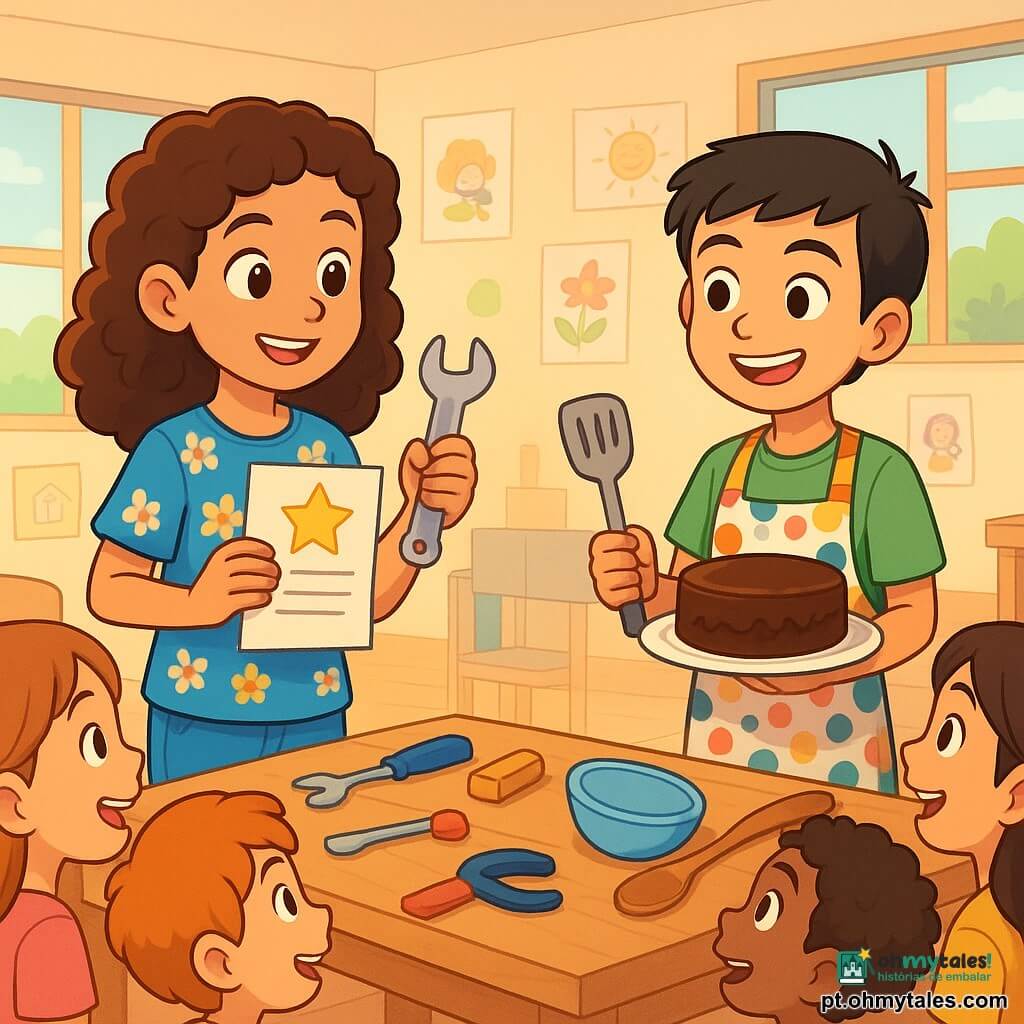 Há 2 personagens principais: - Lara: uma menina de 11 anos com cabelos castanhos e cacheados, vestindo uma camiseta azul com estampas de flores e uma calça jeans. Ela está em pé à esquerda, segurando uma chave inglesa em uma mão e um cartão com frases inspiradoras na outra. - Tiago: um menino de 11 anos com cabelos curtos e pretos, vestindo um avental de cozinha colorido e uma camiseta verde. Ele está à direita, sorrindo, segurando uma espátula e um prato de bolo de chocolate. O cenário principal é uma sala de aula iluminada, com paredes decoradas com desenhos de crianças, uma grande mesa de madeira no centro, coberta de utensílios de cozinha e materiais de artesanato. Janelas deixam a luz do sol entrar, iluminando os rostos alegres das crianças. A situação principal da história mostra Lara e Tiago compartilhando suas habilidades: Lara explica como usar ferramentas para consertar uma cadeira, enquanto Tiago mostra como preparar um bolo. As outras crianças os cercam, fascinadas, com expressões de admiração e entusiasmo, ilustrando a ideia de que todos podem aprender, independentemente de seu gênero.