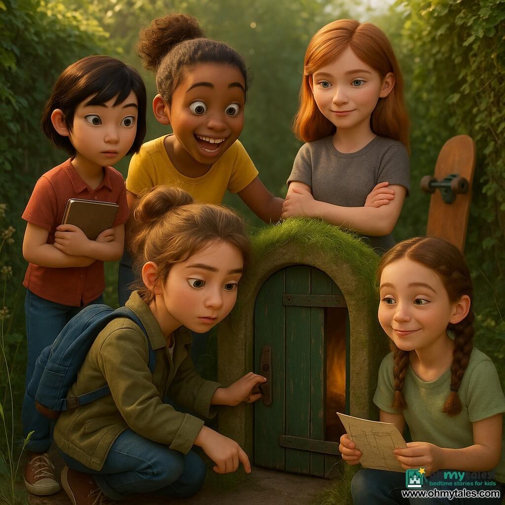 Five girls, about 11: Nina, light brown hair in a messy bun, khaki jacket and blue backpack, crouched by a small dark-green wooden door with her hand on the handle and a focused look; Safiya, tan skin and tied curly hair, in a bright yellow T‑shirt, standing behind Nina with a supportive hand on her shoulder and an excited smile; Jun, Asian with short black hair and a pencil behind her ear, holding a notebook and watching the door with analytical curiosity; Lila, a redhead in casual clothes with small wheels beside her, standing to Nina’s right with arms crossed and a reassuring expression; Tessa, braided hair in a pale green T‑shirt, seated or crouched near the door holding a small map with a relieved, proud look. They stand on a narrow, hedge-lined earthen path with soft late-morning light; the chipped, rusty-hinged door set into a grassy bank creaks open onto a dark wooden passage with a distant glow, the scene conveying quiet, cautious excitement and peaceful adventure with warm colors and textured detail.