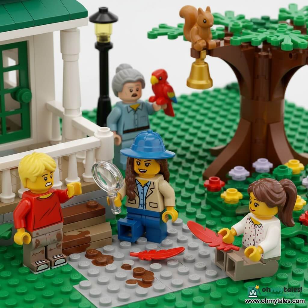 A young girl detective (about 10) kneels on a small brick porch examining muddy footprints with a translucent magnifying glass in her right hand; she has brown braided hair, a wide blue hat and a beige jacket. A blond boy, Oscar (about 8), stands left, out of breath and worried, pointing toward the garden, wearing a red t‑shirt and muddy sneakers. A brown‑haired girl, Lily (about 9), crouches by a flowerbed with a small red feather stuck to her shoe, smiling shyly in a polka‑dot dress and knee pads. Mr. Benson (about 60) is in the background in his garden with a red parrot on his shoulder, looking surprised. Mrs. Willow (about 70) stands on the porch with hands clasped, in a floral dress and shawl, relieved as she waits for the missing golden bell. The setting is a residential LEGO brick street: small porch with white railing, slightly muddy steps, green bushes, an old oak with a small LEGO squirrel holding a golden bell on a branch, a vintage lamppost and a paved path. Main scene: the detective studies muddy prints and the red feather on the porch while children and neighbors gather around; bright clear morning, vivid contrasting colors, sharp details, playful warm style, composition centered on the magnifying glass and the golden bell in the tree.