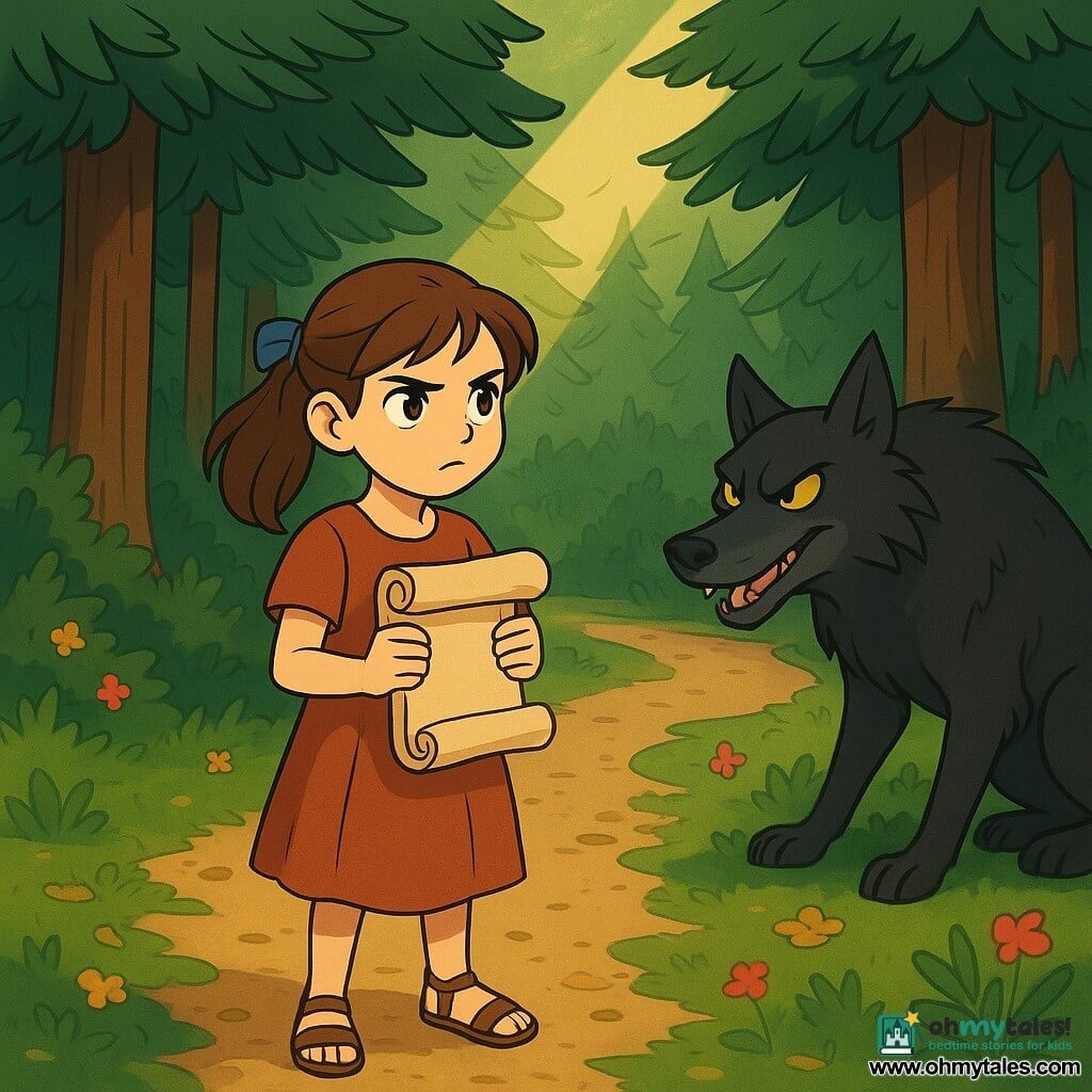 A 10-year-old girl, Maren, stands on a narrow forest path, her eyes shining with determination and her brown hair tied with a blue ribbon. She wears a simple dress and sandals, holding a rolled-up message in her hands, her face focused and brave. Nearby, a big bad wolf, with black fur and piercing eyes, stands at the edge of the path, looking sly and intrigued, observing Maren with a threatening yet curious expression. The setting is a dense forest, with majestic pines standing like guardians, their green needles creating a natural canopy above. The ground is covered with golden leaves and small colorful flowers, while a ray of sunlight breaks through the branches, illuminating the scene with a soft and warm light. The main situation shows Maren facing the wolf, determined not to give in to his temptations. She stands tall, ready to defend her message, while the wolf, with a smirk, seems to be trying to convince her to reveal her secret.