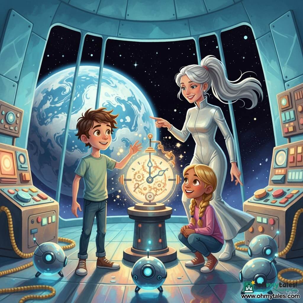 A 10-year-old boy with bright hazel eyes and messy brown hair stands on a shiny metal floor reaching toward a strange, backward-turning mechanical clock on a pedestal—the "Time Translocator" with glowing hands and visible gears—while a smiling, braided 9-year-old girl crouches beside him, and Professor Luna, a silver‑haired scientist in a light silver lab coat, stands behind them pointing at a panoramic window; small polished round robots roll around, blue reflections gleam, and the scene is set in a large lunar observatory with azure crystal walls and wide windows showing a marble-colored Earth against a starry black sky, retro‑futuristic consoles nearby; rendered in vivid gouache with visible brush textures, warm‑cool contrasts, centered composition and a magical, welcoming atmosphere.