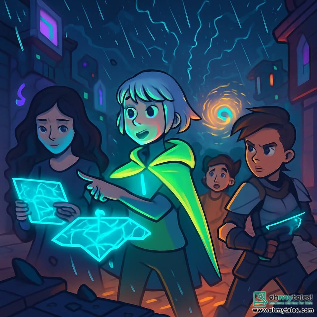 There are 4 characters: - Lyra: a 14-year-old girl with short silver hair, wearing a neon cape that glows in the dim light. She stands in the center, pointing at a holographic holomap floating in front of her. - Ashira: a 13-year-old girl with dark, sad eyes and long wavy hair. She is to the left, holding an ethereal tablet emitting a bluish glow, her fingers dancing above the runes. - Via: a 15-year-old girl with one side of her head shaved and a scar on her cheek, wearing light armor and holding a glowing arc pistol. She stands to the right, ready to act, her determined gaze fixed on the horizon. - Tamsin: a 12-year-old girl with pigtails and a curious face, slightly behind, observing the shadows moving around them, her eyes wide with wonder. The setting is a deserted street in the city of Sabledeep, where floating buildings rise under a stormy sky. Lightning illuminates cracks in the ground, and debris floats in the air, creating a magical yet unsettling atmosphere. Colorful holograms dance around the walls, casting moving shadows on the pavement. The main situation shows the four girls preparing to face a mysterious storm, with rain suspended in the air around them, while a luminous vortex forms in the distance, signaling the arrival of a supernatural event.