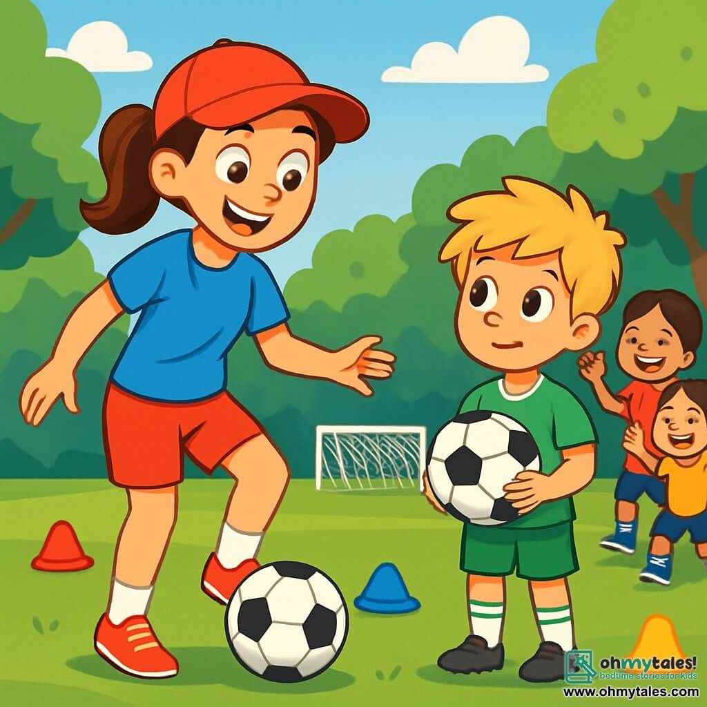 Coach Mia, a dynamic woman with brown hair in a ponytail, wears a red cap and a blue t-shirt. She is joyfully smiling, her eyes sparkling with enthusiasm, while showing the children how to dribble a soccer ball on the field. Max, a small boy about 7 years old with messy blonde hair and a green soccer outfit, looks at Mia with admiration. He holds a soccer ball in his hands, a shy smile on his face, ready to try. The location is a large green soccer field surrounded by trees with shiny leaves and a bright blue sky. Colorful cones are placed on the ground, and a white goal stands at the end of the field. The main scene shows Coach Mia demonstrating a dribbling move, while Max, a bit hesitant but curious, prepares to mimic her gesture, surrounded by other children who cheer him on with laughter and joyful shouts.