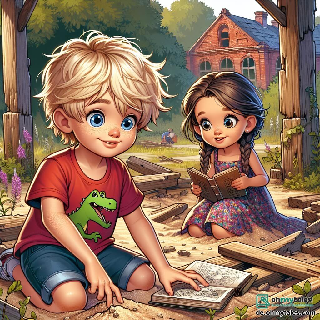 Ein fünfjähriger Junge, Max, mit zerzausten blonden Haaren und großen, strahlend blauen Augen, gräbt im Sand eines alten Spielplatzes. Er trägt ein rotes T-Shirt mit einem Dinosaurier-Motiv und eine blaue Shorts. Neben ihm beobachtet seine beste Freundin Mia, ein fünfjähriges Mädchen mit geflochtenen braunen Haaren in einem bunten Blumenkleid, aufmerksam ein altes Buch, das sie in den Händen hält, mit einem neugierigen Lächeln auf ihrem Gesicht. Der Ort ist ein ehemaliger Spielplatz, umgeben von großen Bäumen mit glänzend grünen Blättern, mit abgenutzten Holzspielgeräten und wilden Blumen, die zwischen den Brettern wachsen. Im Hintergrund sieht man eine alte Schule mit roten Ziegelmauern, die der Umgebung ein Hauch von Geheimnis verleiht. Die Hauptsituation zeigt Max und Mia bei ihrer Suche nach Hinweisen, um den versteckten Schatz zu entdecken. Max hockt sich und gräbt im Sand, während Mia neben ihm steht und das Buch nach Hinweisen durchsucht, beide in ihr abenteuerliches, neugieriges und enthusiastisches Spiel vertieft.