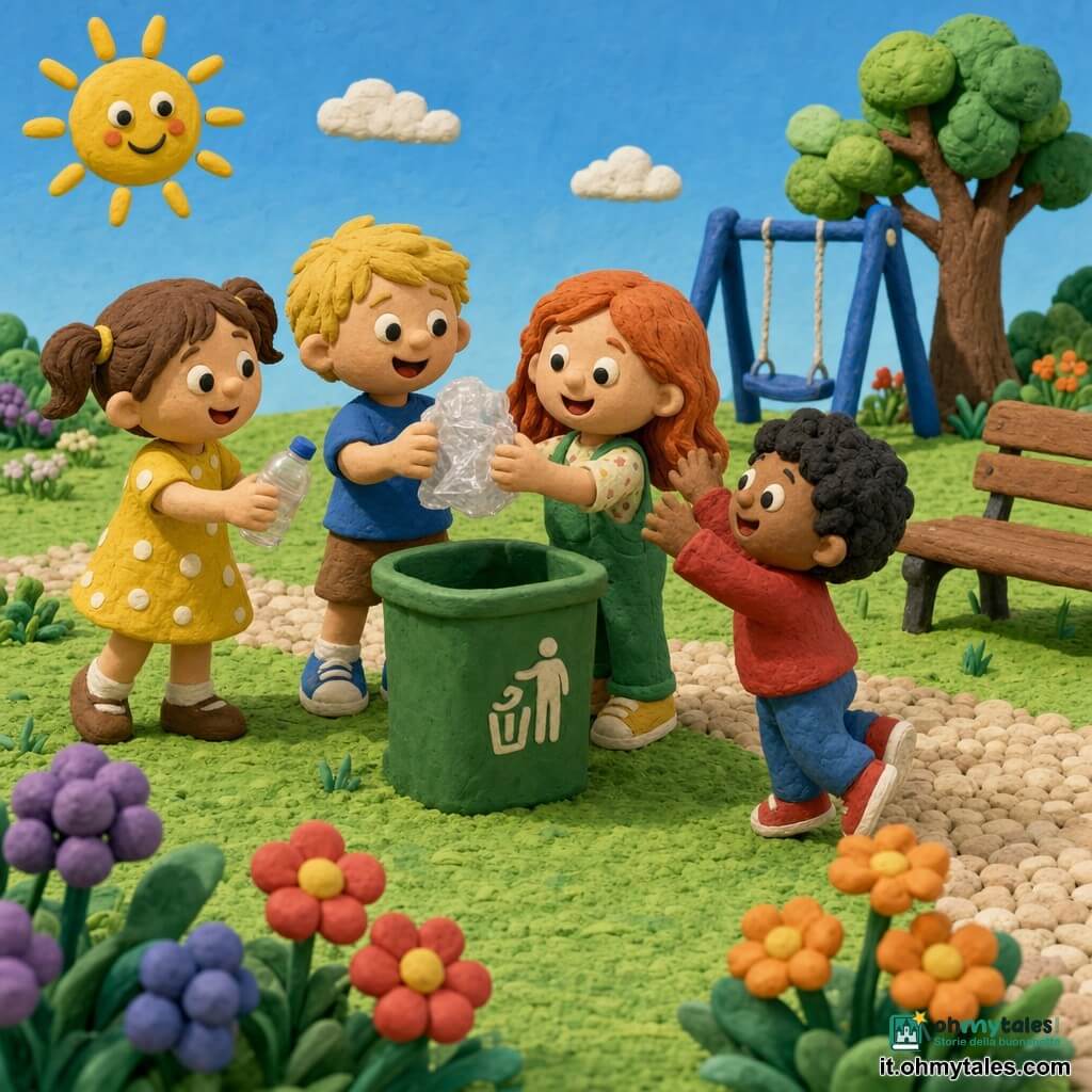 Quattro bambini: una bambina, Sara (~5 anni), capelli castani in code, vestito giallo a pois bianchi, a sinistra; tiene una bottiglietta vuota che inserisce in un bidone della spazzatura verde; un bambino, Luca (~6 anni), capelli biondi corti, maglietta blu, centro-sinistra; mostra un sacchetto di plastica spiegazzato raccolto da terra; una bambina, Marta (~5 anni), capelli rossi sciolti, salopette verde, centro-destra; sorride tenendo il sacchetto pronta a depositarlo; un bambino, Tommi (~4 anni), capelli neri ricci, maglione rosso, a destra, sulle punte che salta per raggiungere il bidone. Luogo: parco soleggiato pomeridiano con erba verde modellata, sentiero di piccoli ciottoli beige, altalena grande blu sullo sfondo, panca di legno a destra, fiori colorati in ciuffi e un piccolo albero; cielo azzurro con sole sorridente in alto a sinistra. Situazione: i quattro puliscono il parco insieme; focus sull'azione: Sara deposita la bottiglia mentre Marta e Luca tengono il sacchetto e Tommi fa "hop" per aiutare. Stile: pasta modellabile, texture morbide, forme arrotondate, colori vivaci, ombre leggere, espressioni semplici e gioiose.