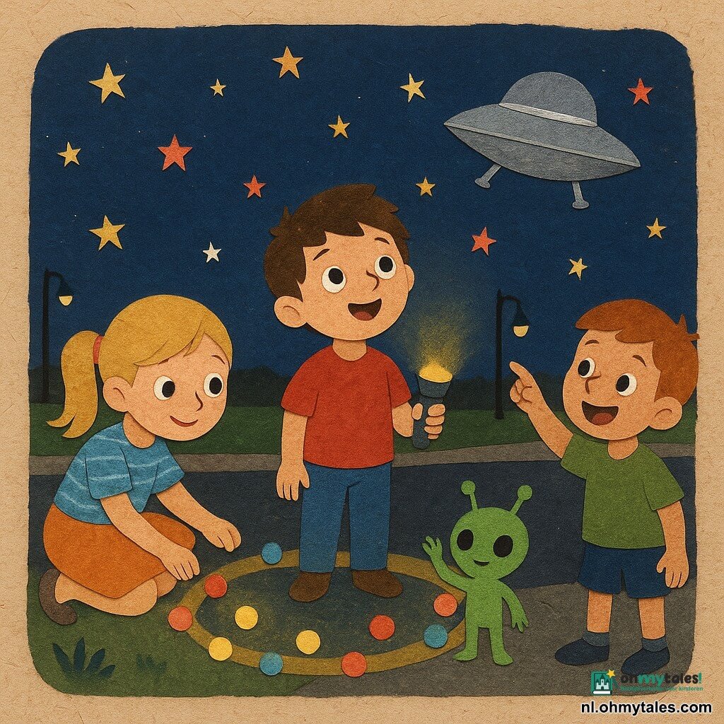 Een ronde 8‑jarige jongen met warrig bruin haar, grote verwonderde ogen en brede glimlach houdt een kleine zaklamp vast en staat in het midden van een cirkel van lichtjes; links van hem hurkt zijn ongeveer 11‑jarige zus met blond paardenstaart, vrolijk en beschermend, terwijl ze lichtjes op de grond legt; rechts wijst een even oude roodharige vriend op een klein zilverachtig ruimteschip dat landt op een parkeerplaats; een klein groen buitenaards wezen met vriendelijke ronde ogen en korte antennes steekt de hand op alsof het groet; scène aan de rand van een straat met donker asfalt, gras en trottoir zichtbaar onder een groot sterrennachtelijk blauwe hemel; stijl: papercut-achtige illustratie met zichtbare texturen, felle contrastkleuren en eenvoudige schaduwen.
